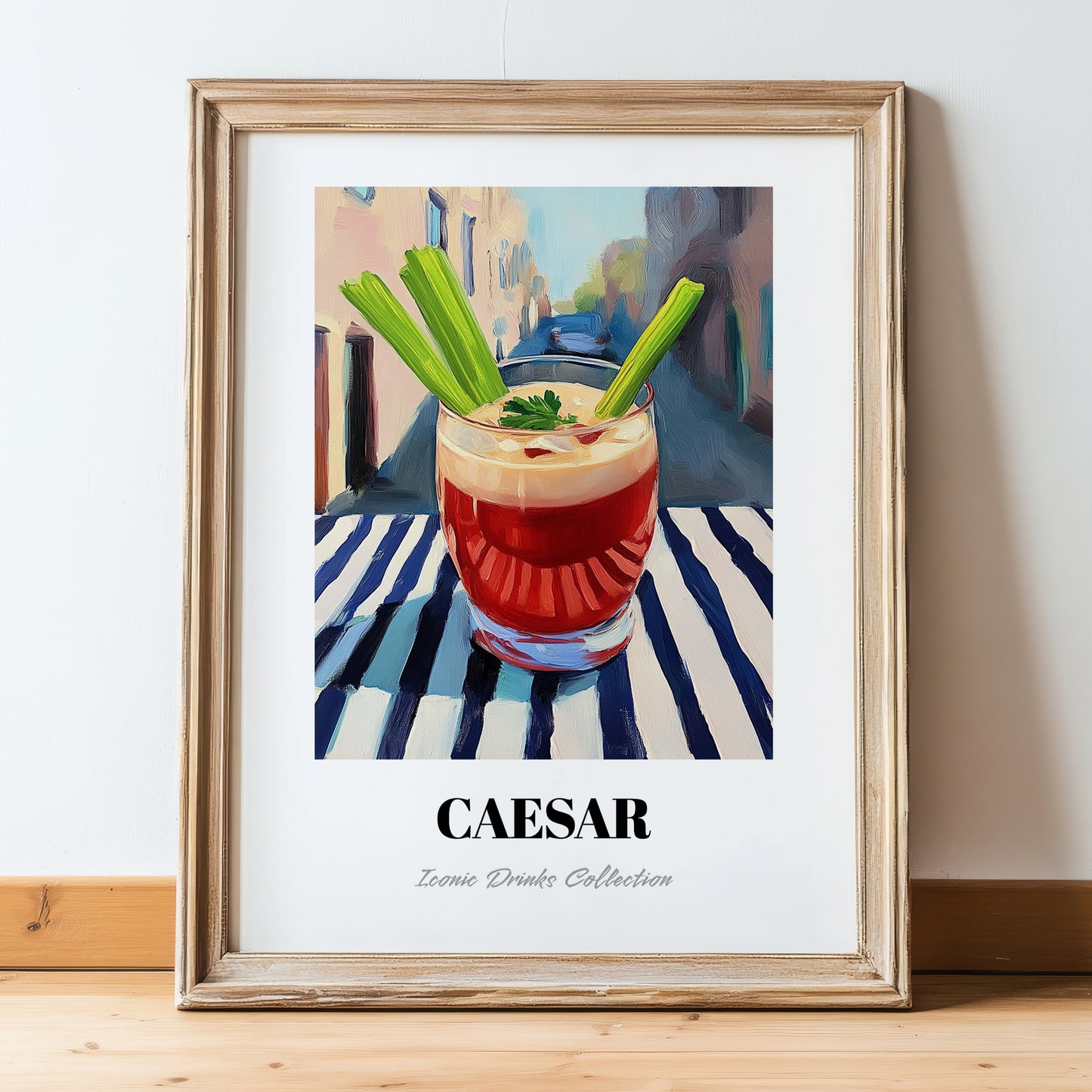 Caesar – Canadian Outdoor Café Scene, Canadian Cocktail Print, in wooden frame leaning on the floor