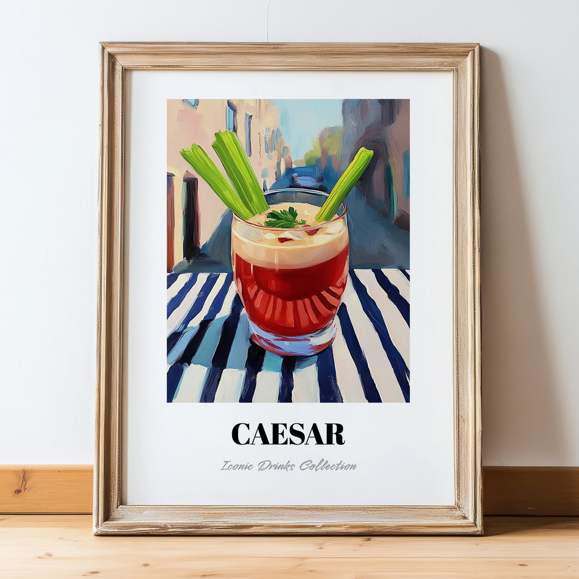 Caesar – Canadian Outdoor Café Scene, Canadian Cocktail Print, in wooden frame leaning on the floor
