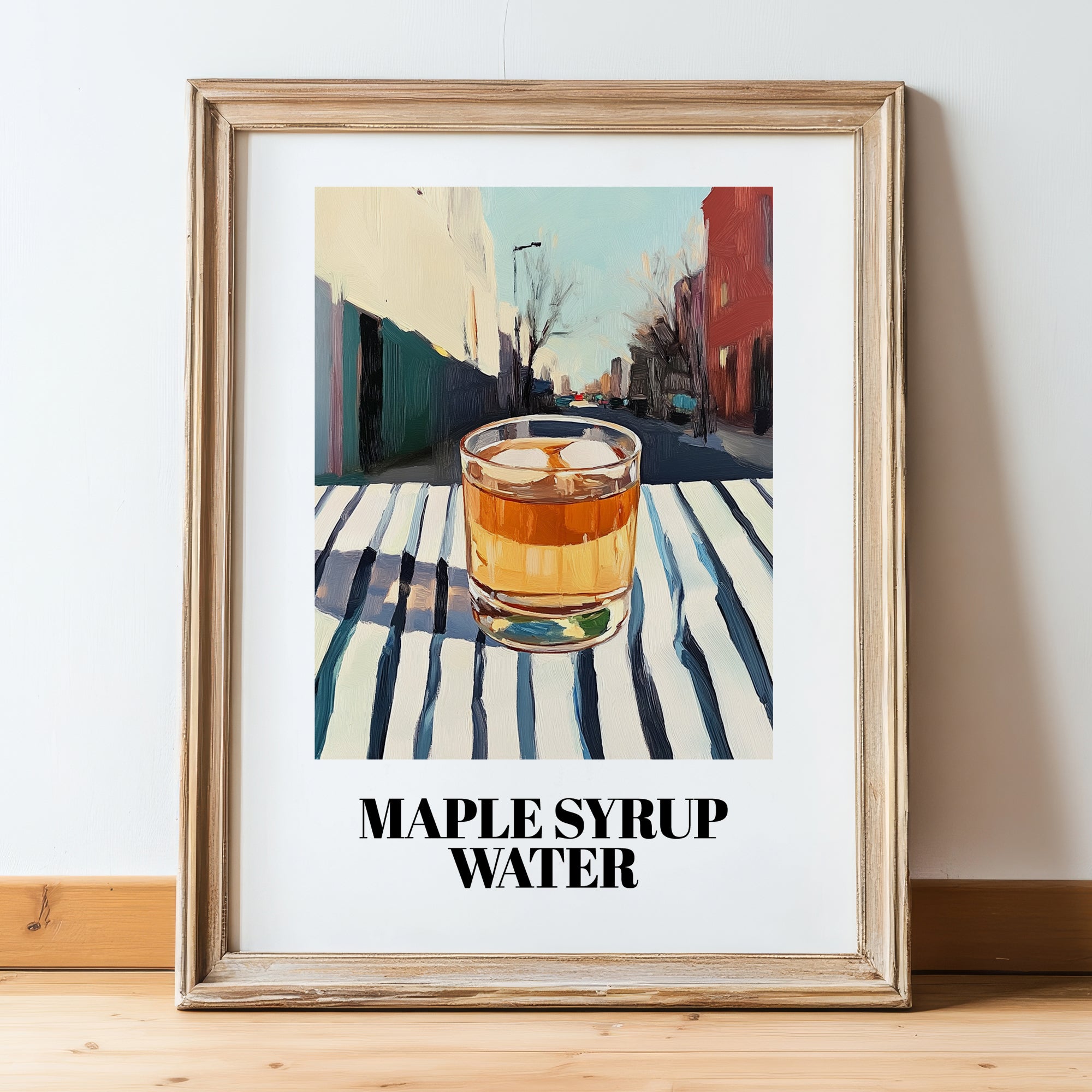 Maple Syrup Water – Canadian Urban Café Scene, Canadian Cocktail Illustration, in wooden frame leaning on the floor