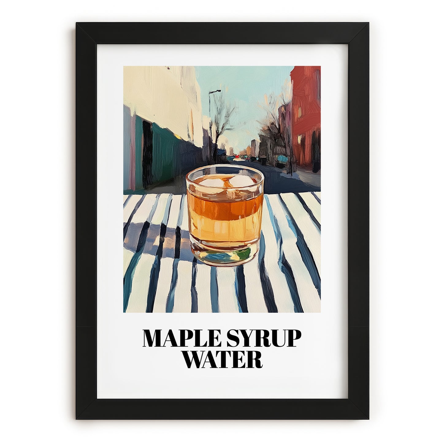 Maple Syrup Water – Canadian Urban Café Scene, Canadian Cocktail Illustration, in sleek black frame