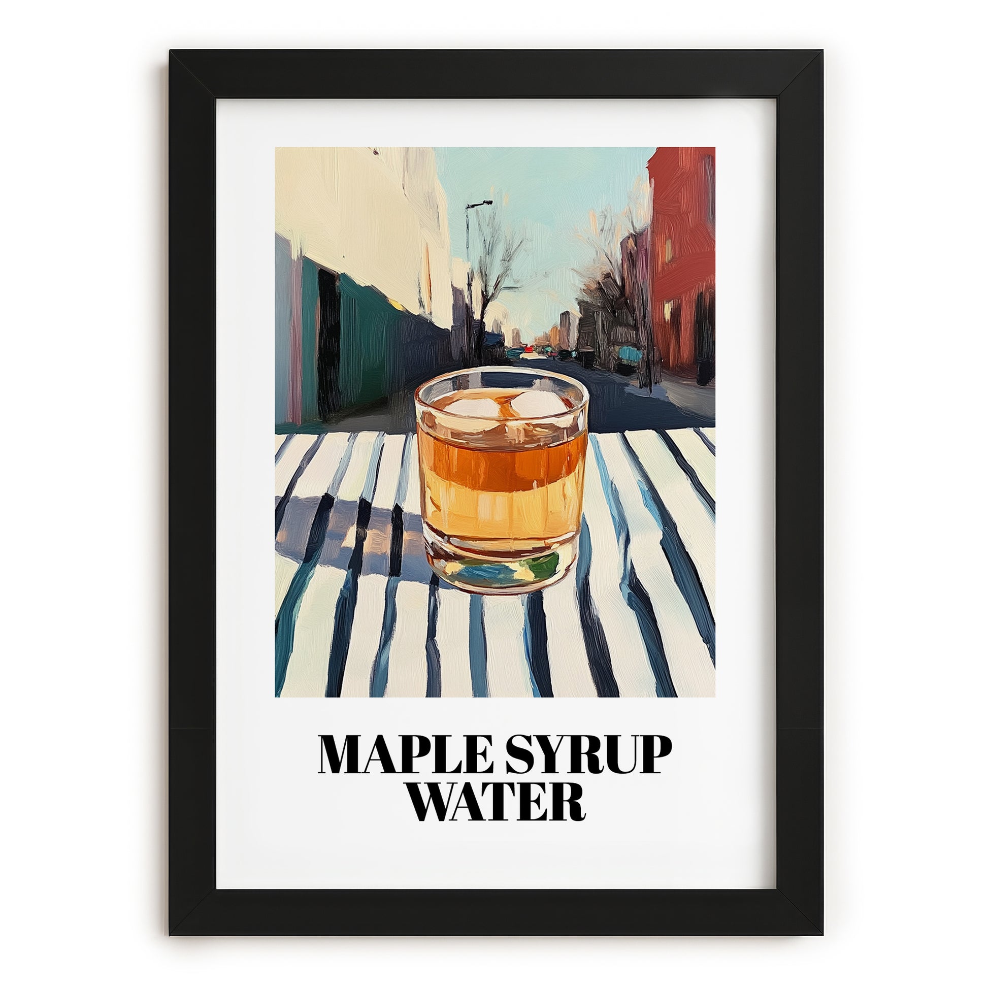 Maple Syrup Water – Canadian Urban Café Scene, Canadian Cocktail Illustration, in sleek black frame