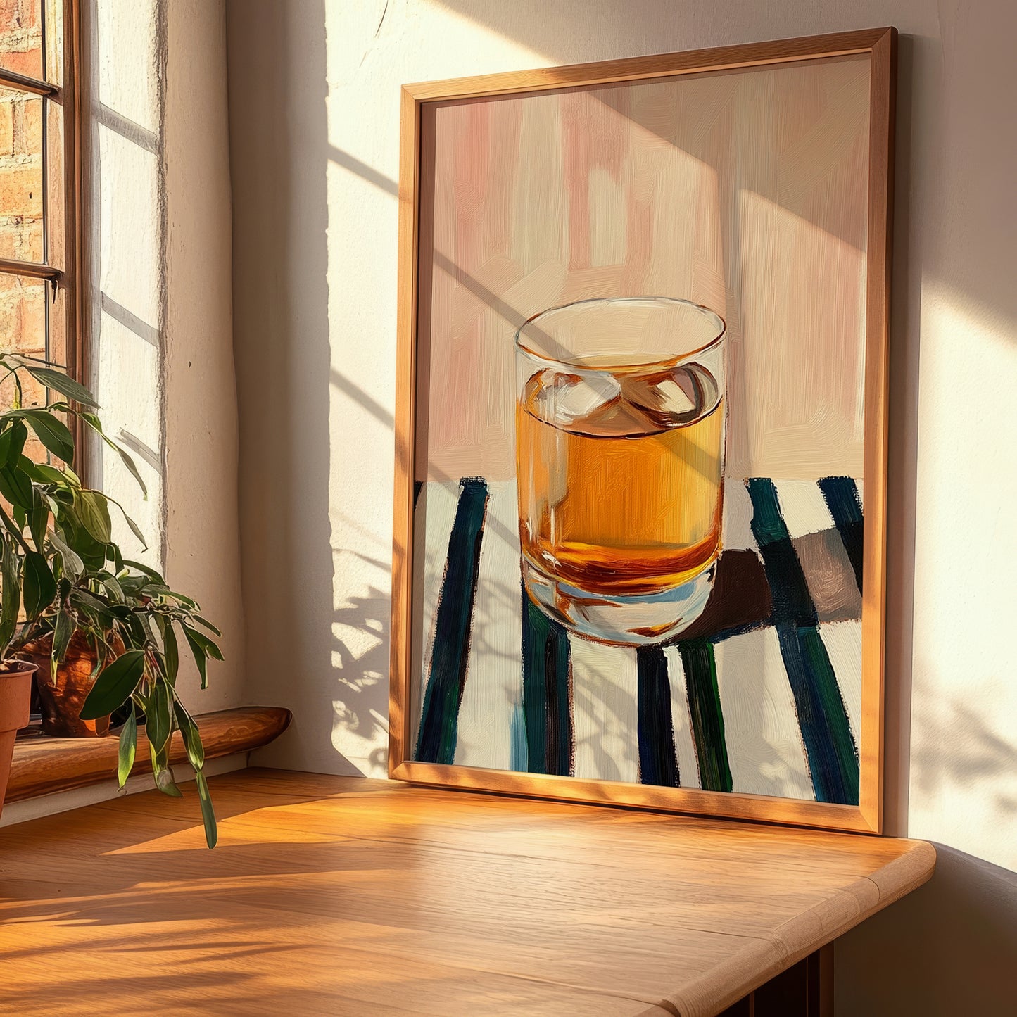 Maple Syrup Water – on Striped Tablecloth, Canadian Beverage Print, clean layout with no caption