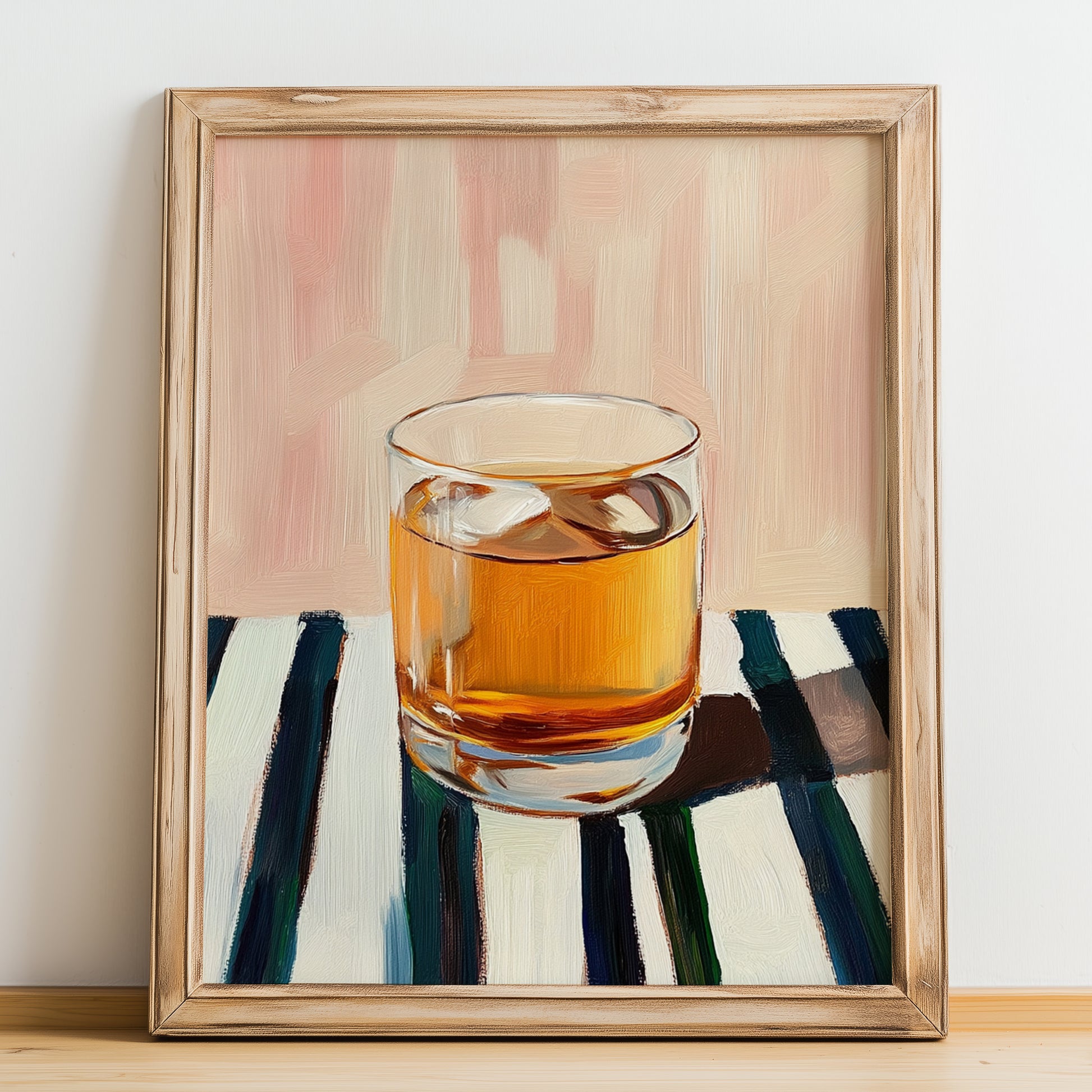 Maple Syrup Water – on Striped Tablecloth, Canadian Beverage Print, no-text version framed in wood