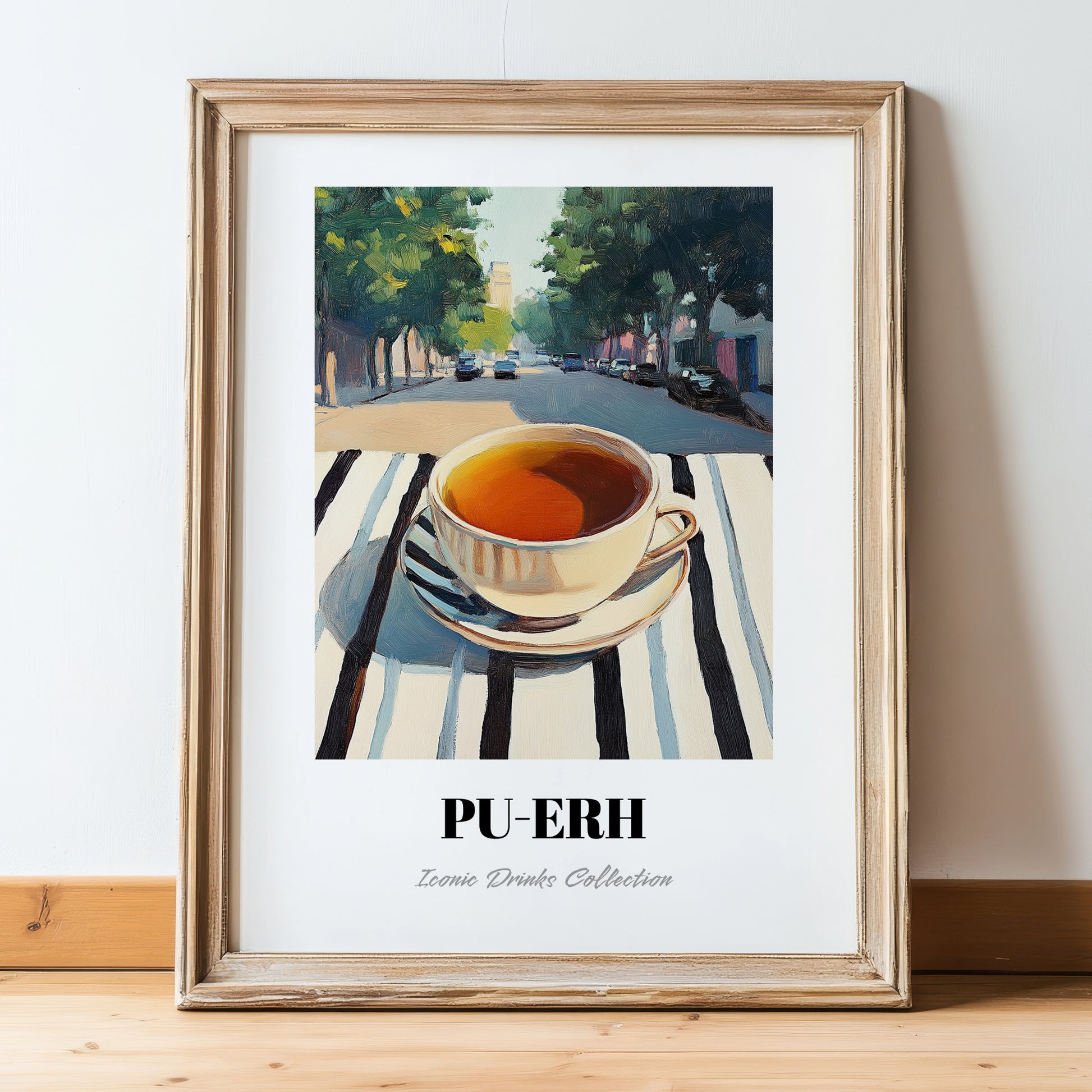 Baijiu – Chinese Café on the Corner, Chinese Tea Painting, in wooden frame leaning on the floor