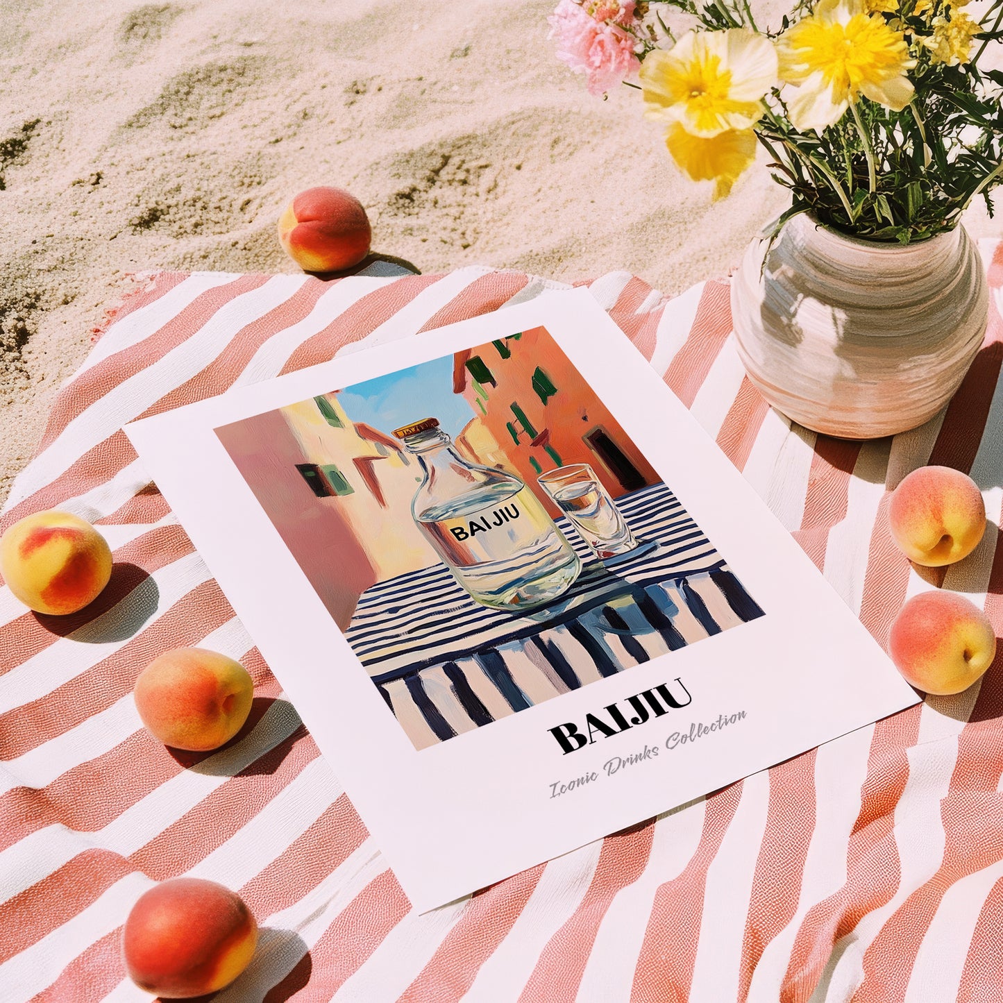 Pu-erh Tea – Chinese Urban Café Scene, Chinese Tea Poster, unframed on coastal sand