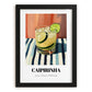 Caipirinha – on Striped Tablecloth, Brazilian Spirit Print, in sleek black frame