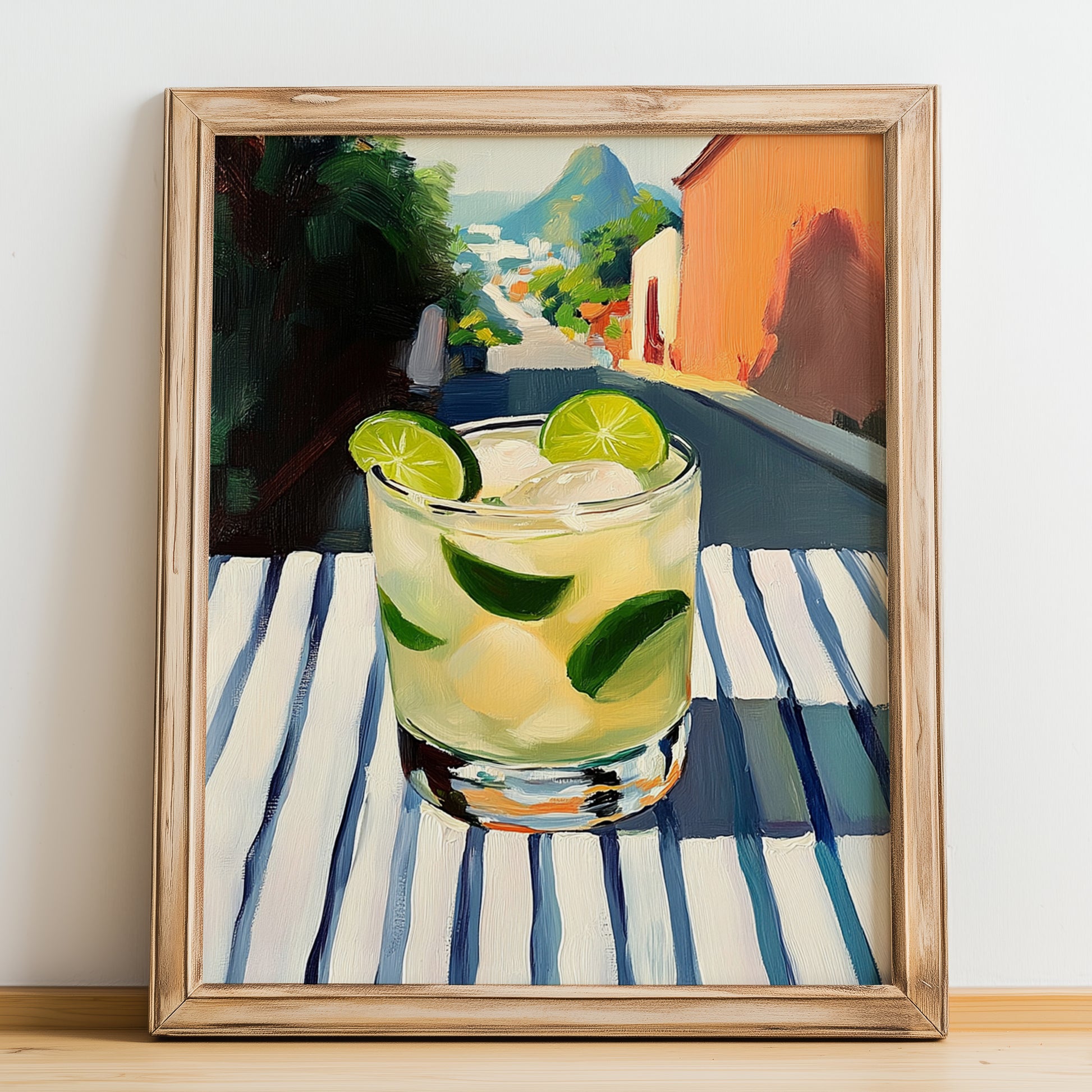 Caipirinha – Brazilian Outdoor Café Scene, Brazilian Cocktail Wall Art, no-text version framed in wood