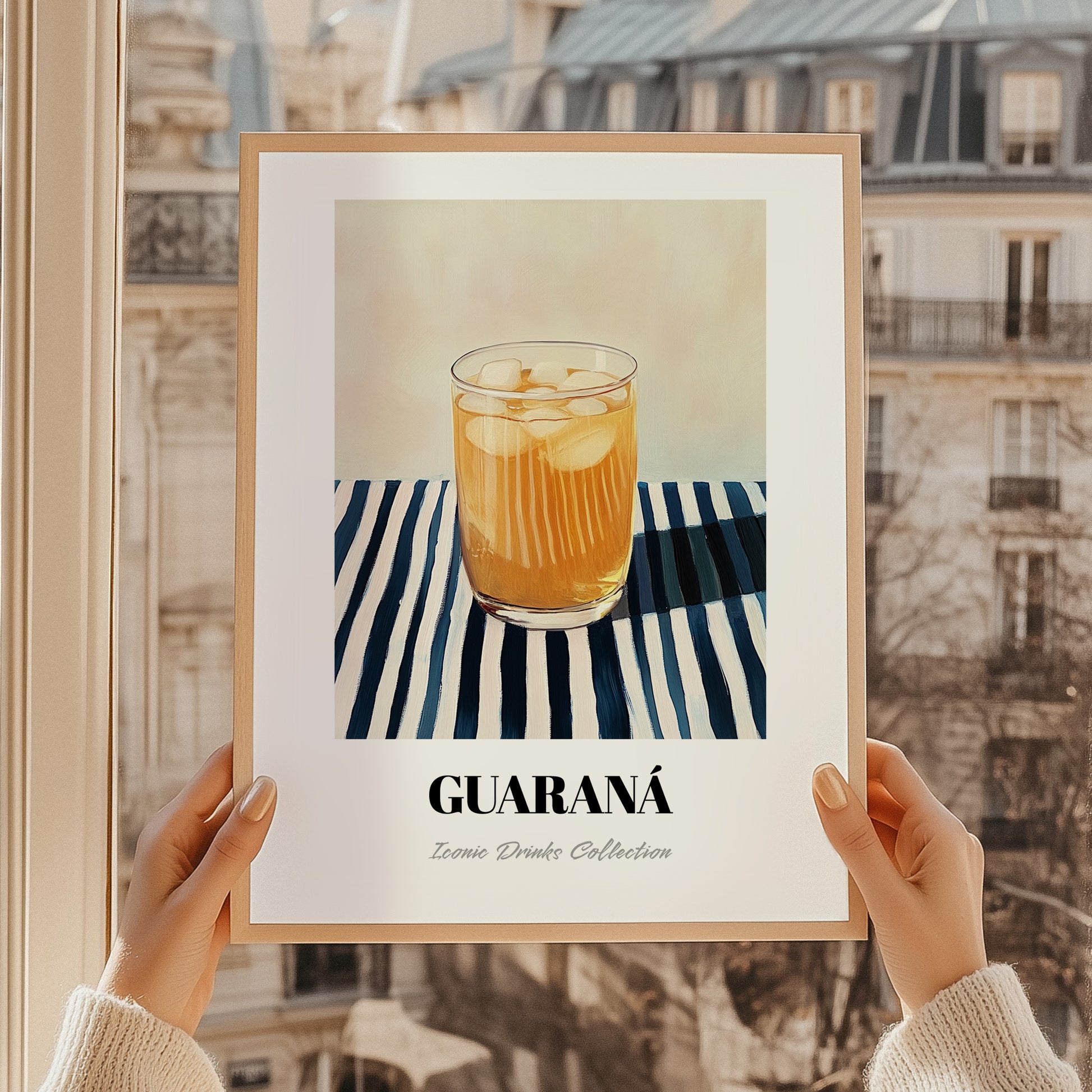 Guaraná – on Striped Tablecloth, Brazilian Cocktail Illustration, styled in a charming Paris street view