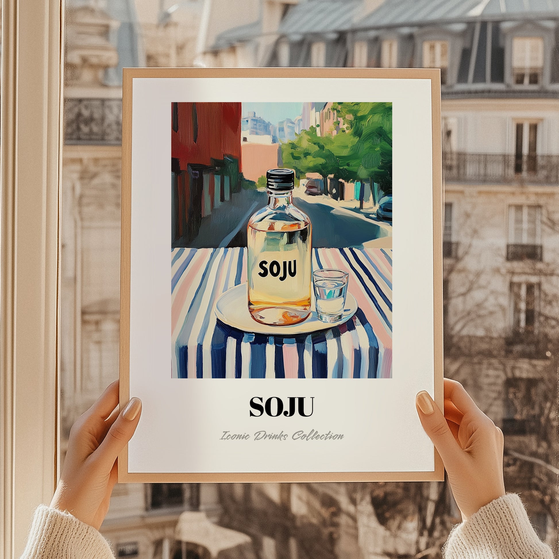 Soju – Korean Urban Café Scene, Korean Beverage Illustration, styled in a charming Paris street view