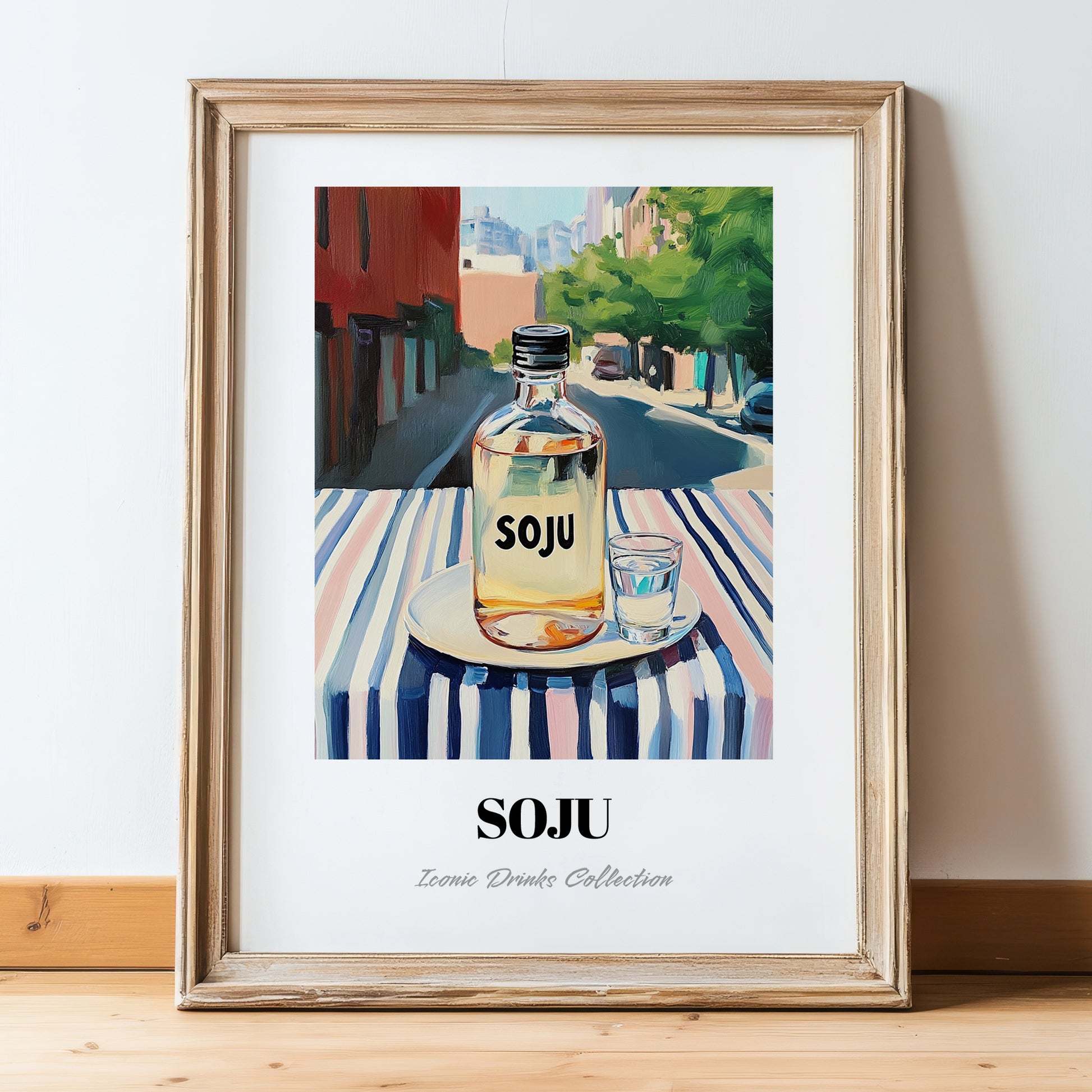 Soju – Korean Urban Café Scene, Korean Beverage Illustration, in wooden frame leaning on the floor