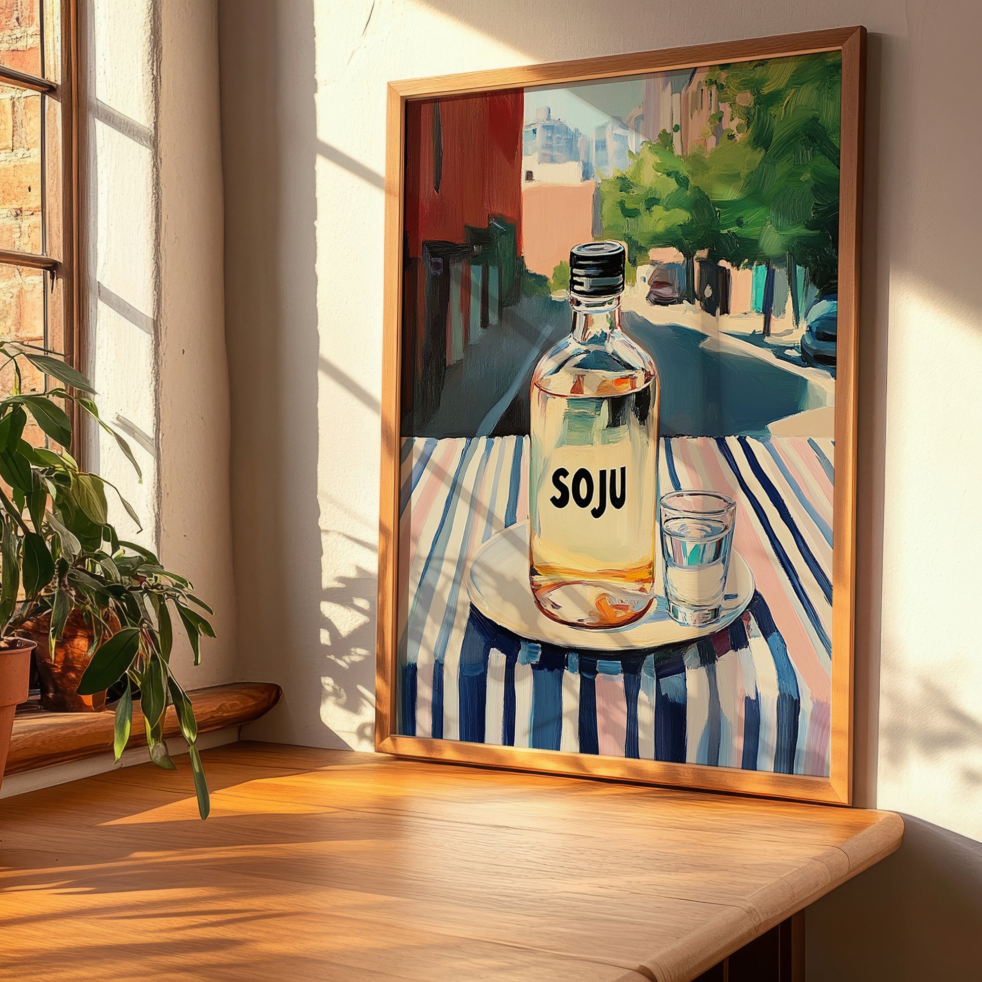 Soju – Korean Urban Café Scene, Korean Beverage Illustration, clean layout with no caption