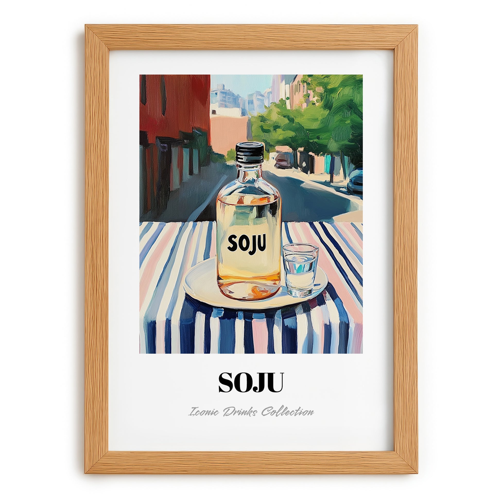 Soju – Korean Urban Café Scene, Korean Beverage Illustration, set in oak frame