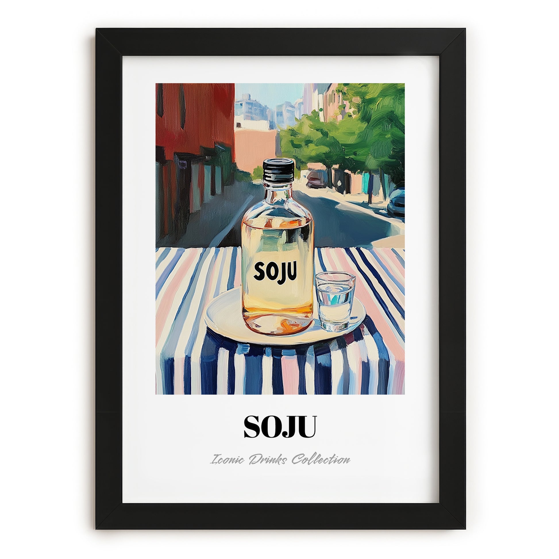 Soju – Korean Urban Café Scene, Korean Beverage Illustration, in sleek black frame