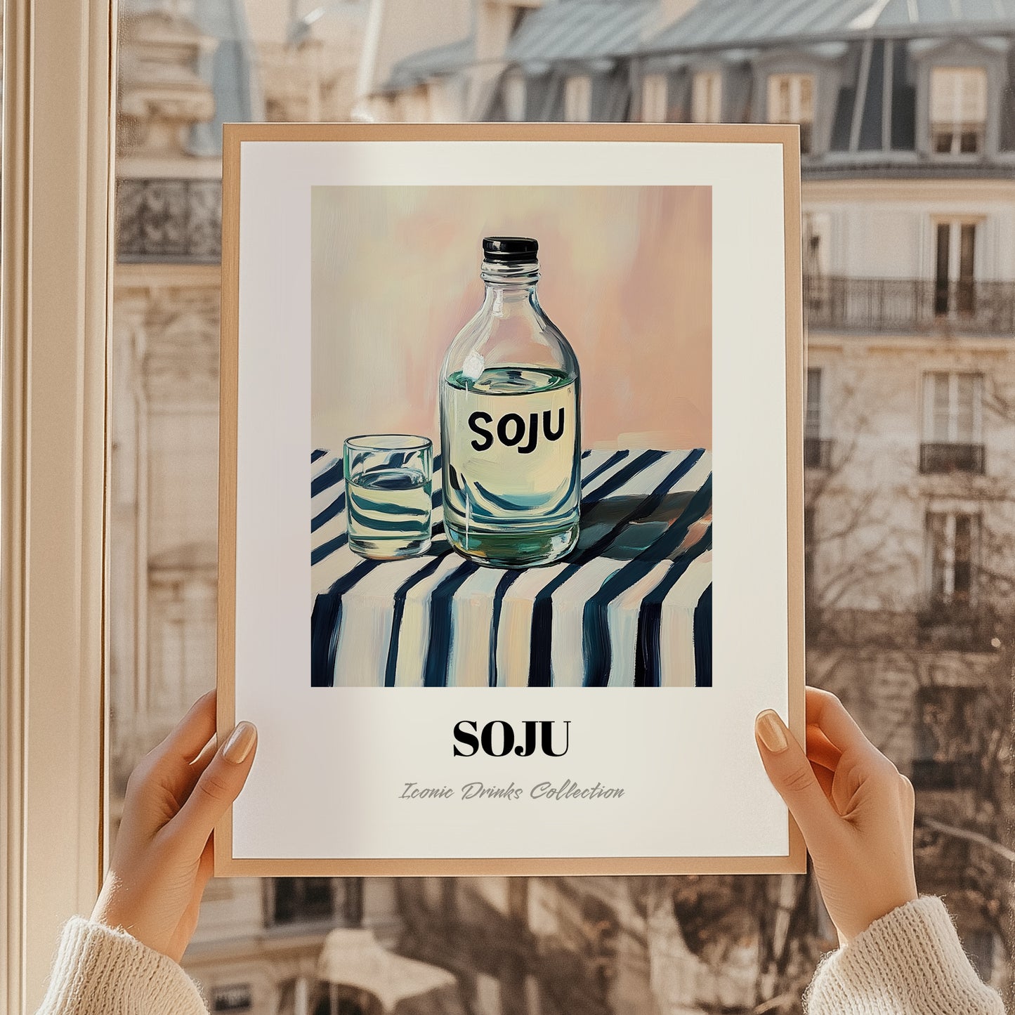 Soju – on Striped Tablecloth, Korean Spirit Painting, styled in a charming Paris street view