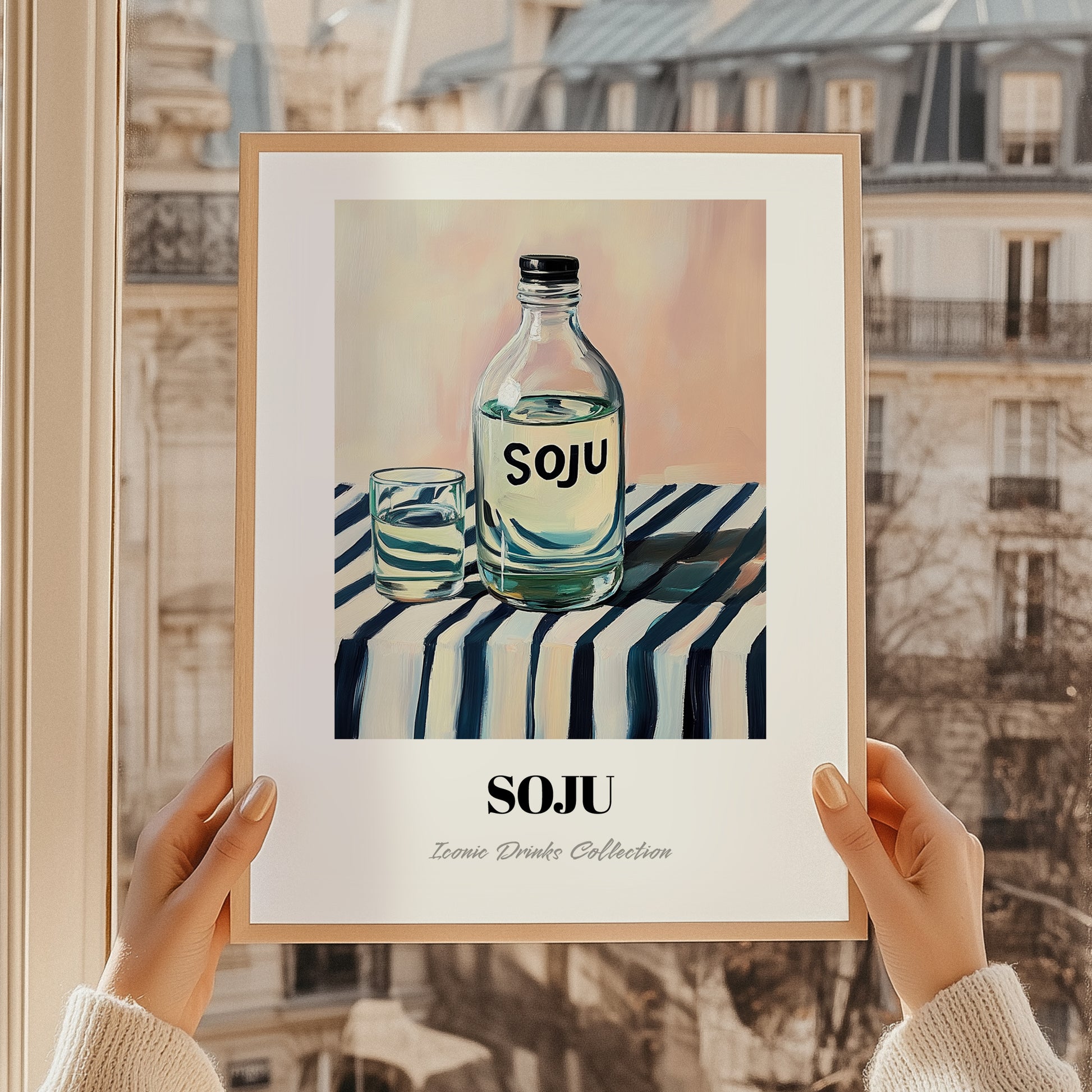 Soju – on Striped Tablecloth, Korean Spirit Painting, styled in a charming Paris street view