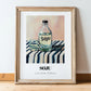 Soju – on Striped Tablecloth, Korean Spirit Painting, in wooden frame leaning on the floor