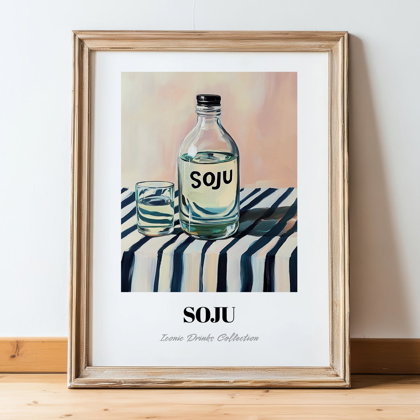 Soju – on Striped Tablecloth, Korean Spirit Painting, in wooden frame leaning on the floor