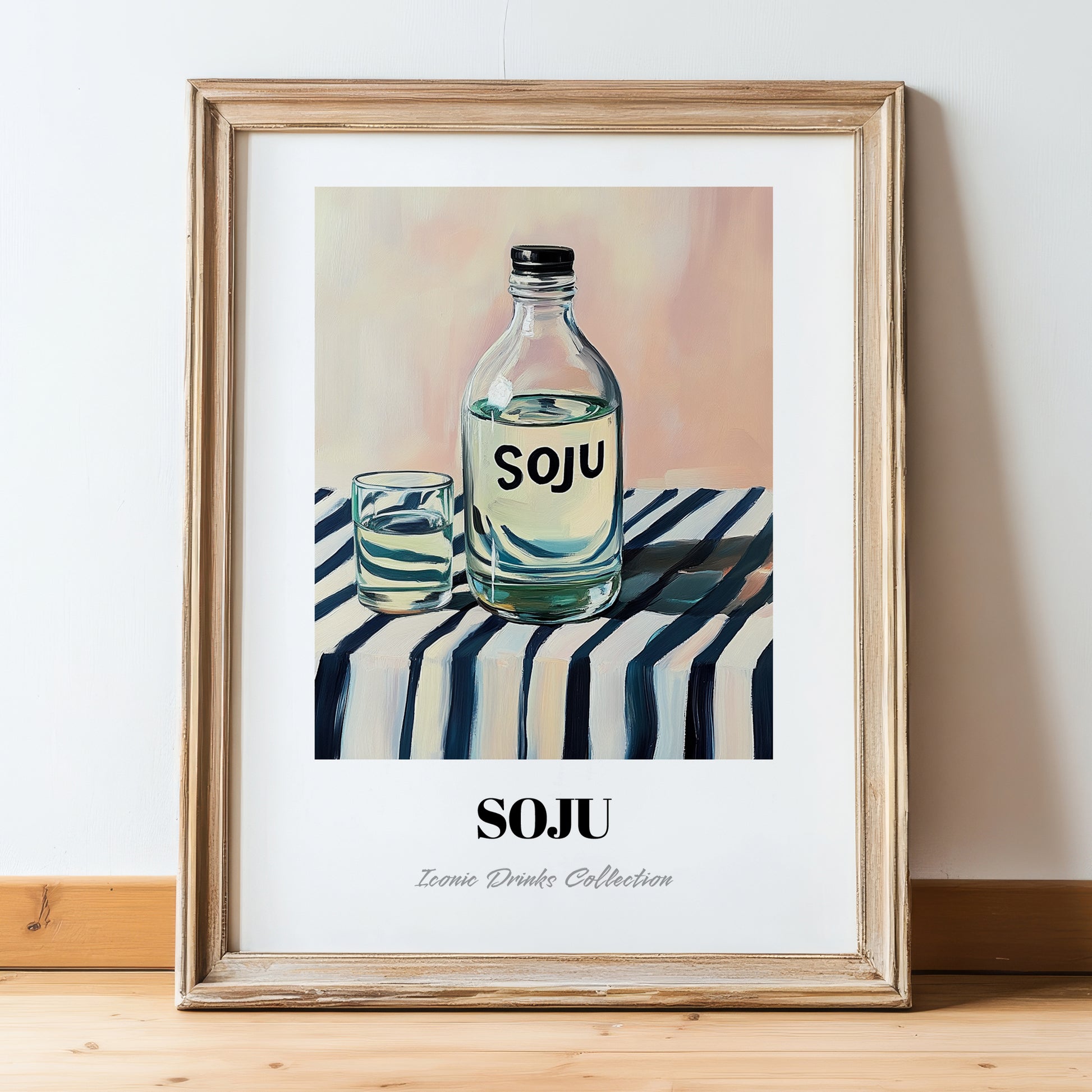 Soju – on Striped Tablecloth, Korean Spirit Painting, in wooden frame leaning on the floor