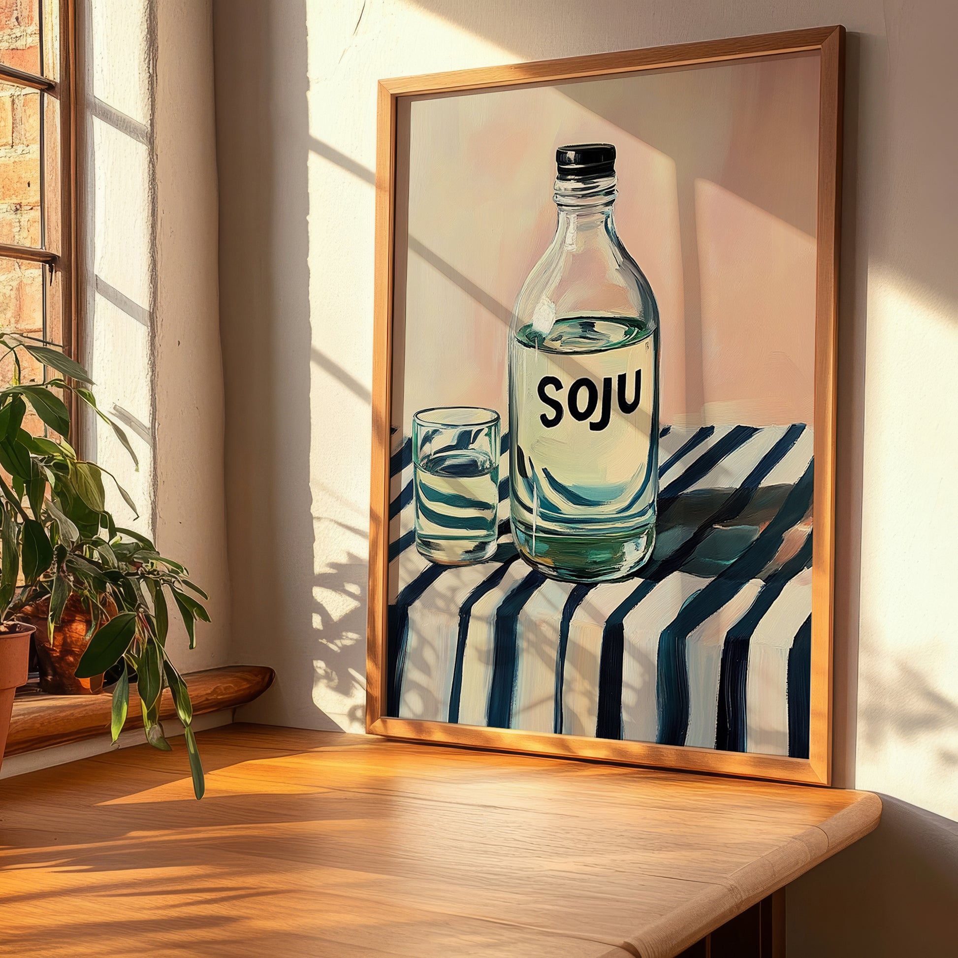 Soju – on Striped Tablecloth, Korean Spirit Painting, clean layout with no caption
