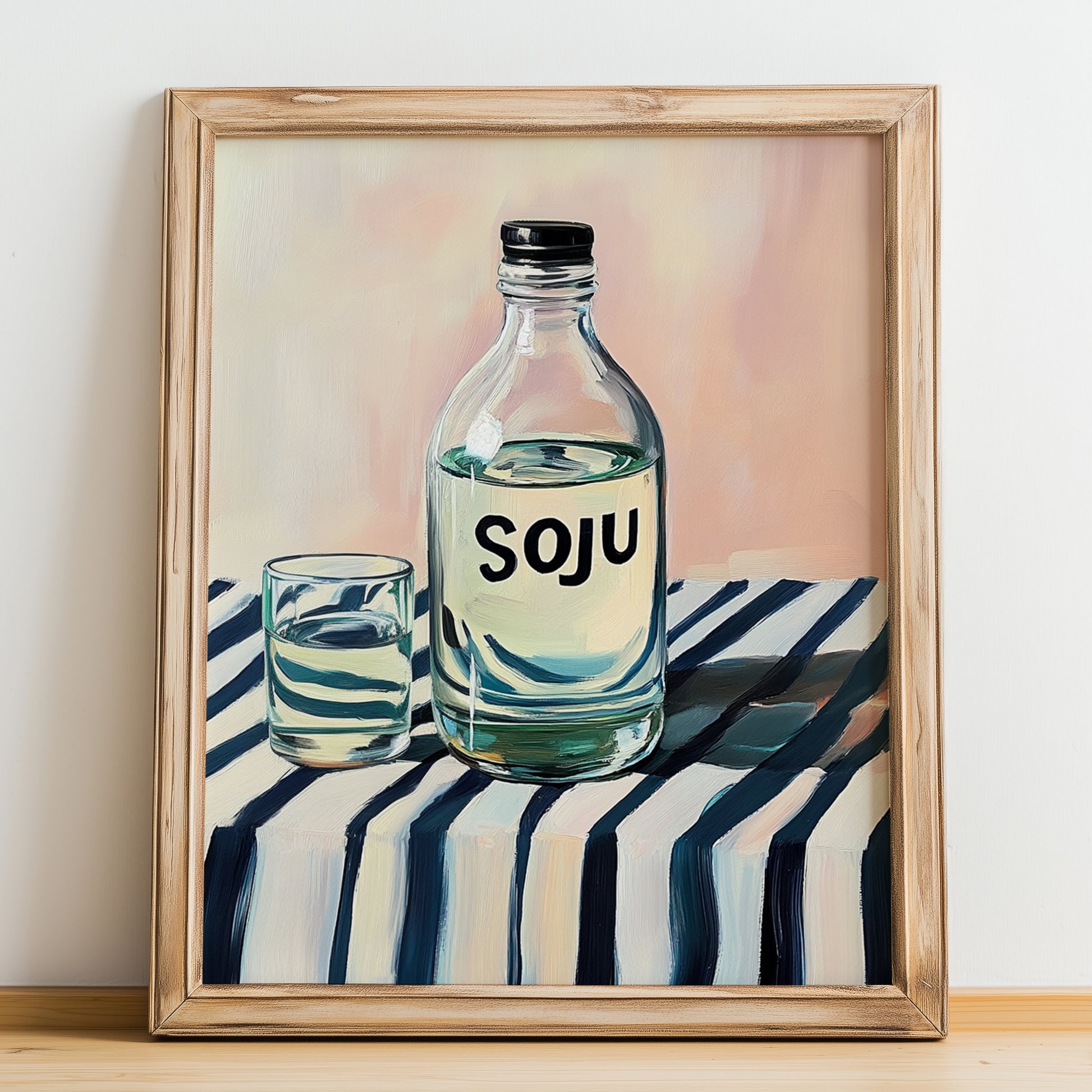 Soju – on Striped Tablecloth, Korean Spirit Painting, no-text version framed in wood