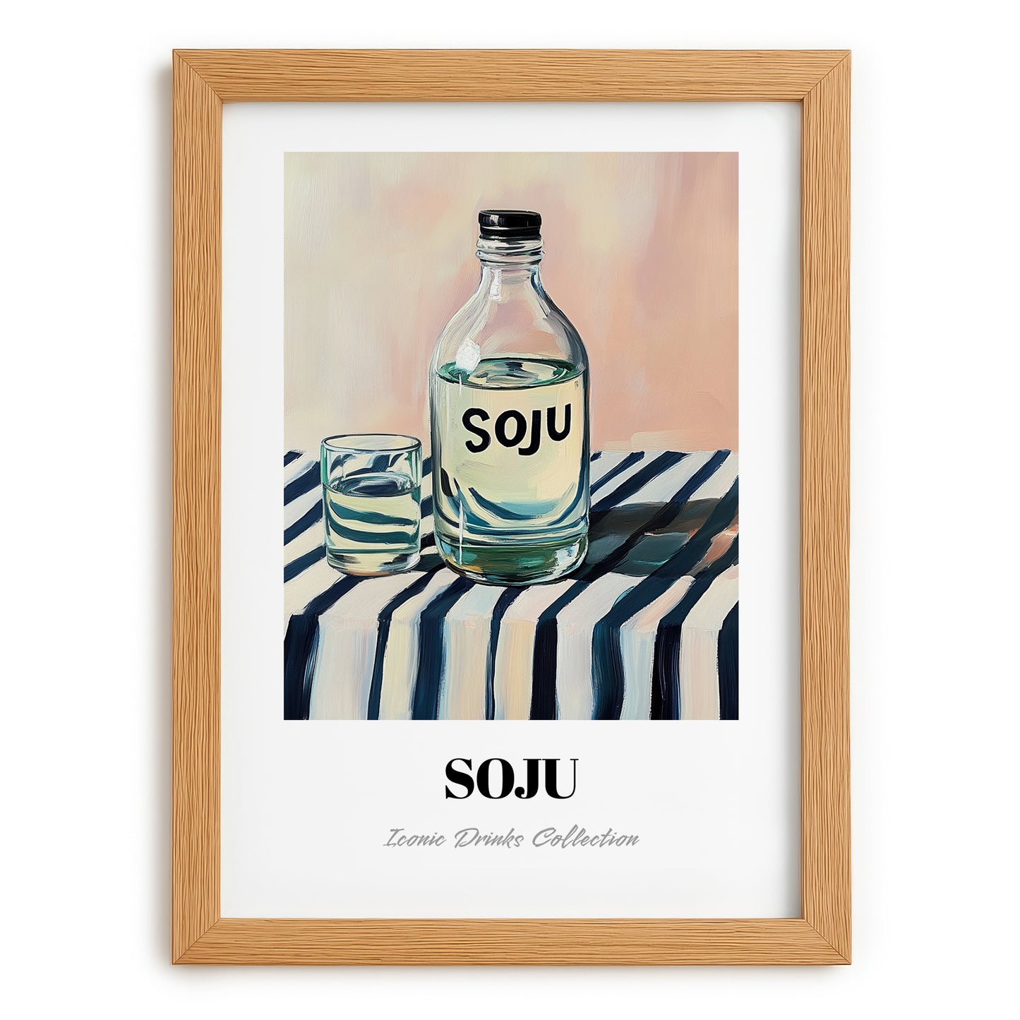Soju – on Striped Tablecloth, Korean Spirit Painting, set in oak frame