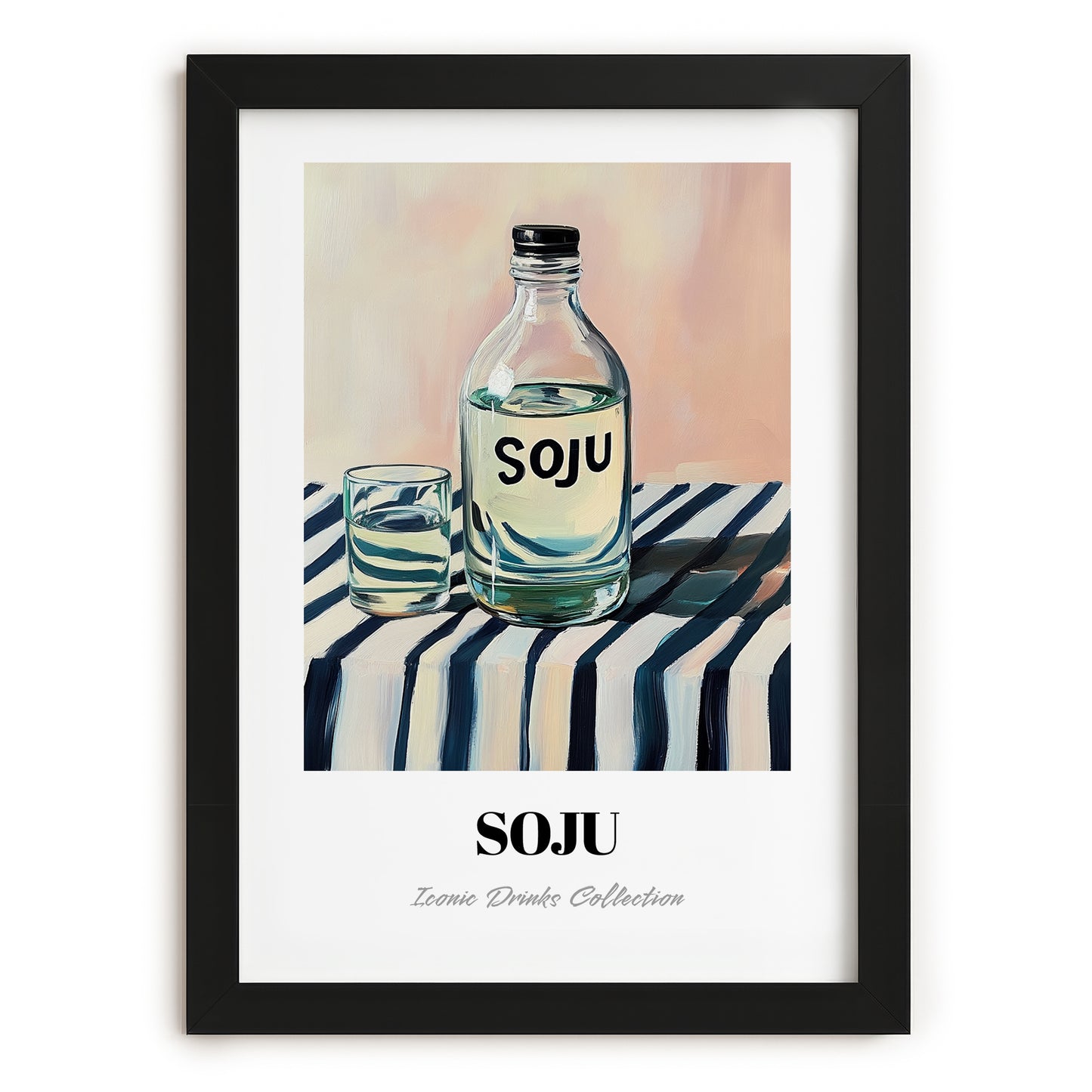 Soju – on Striped Tablecloth, Korean Spirit Painting, in sleek black frame