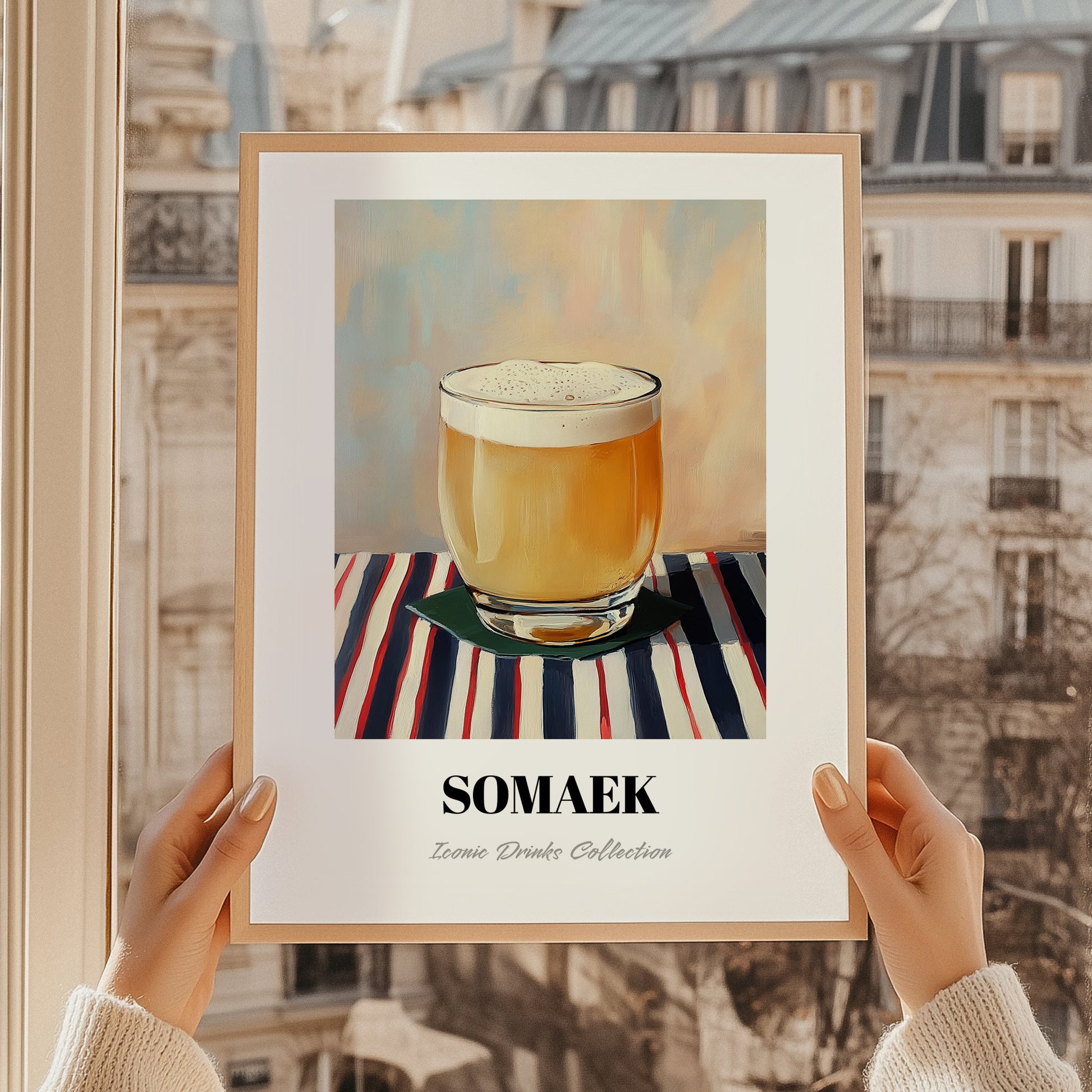 Somaek – on Striped Tablecloth, Korean Cocktail Wall Decor, styled in a charming Paris street view