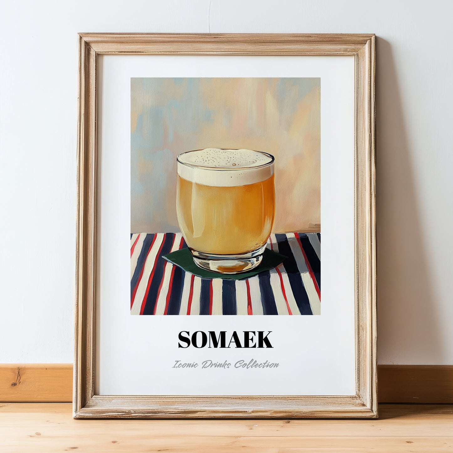 Somaek – on Striped Tablecloth, Korean Cocktail Wall Decor, in wooden frame leaning on the floor