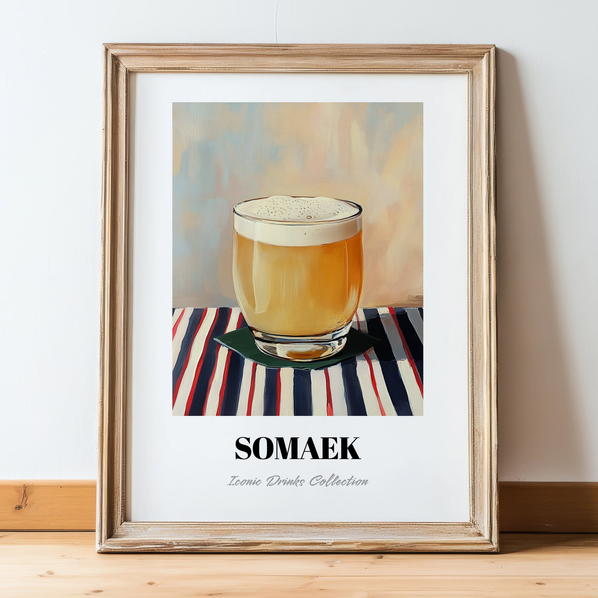 Somaek – on Striped Tablecloth, Korean Cocktail Wall Decor, in wooden frame leaning on the floor