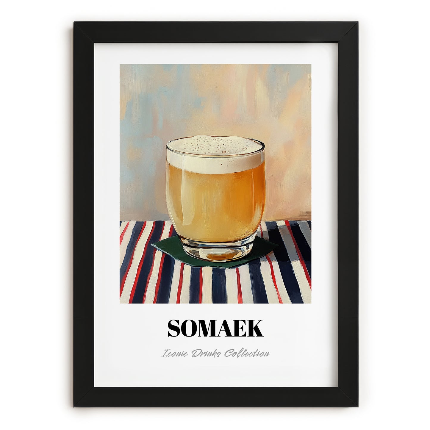 Somaek – on Striped Tablecloth, Korean Cocktail Wall Decor, in sleek black frame
