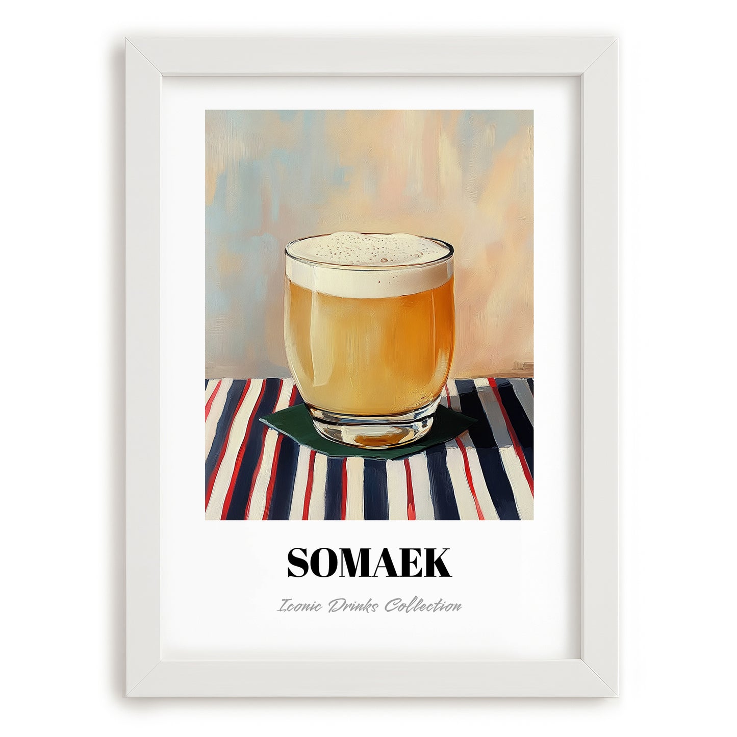 Somaek – on Striped Tablecloth, Korean Cocktail Wall Decor, placed in minimal white frame