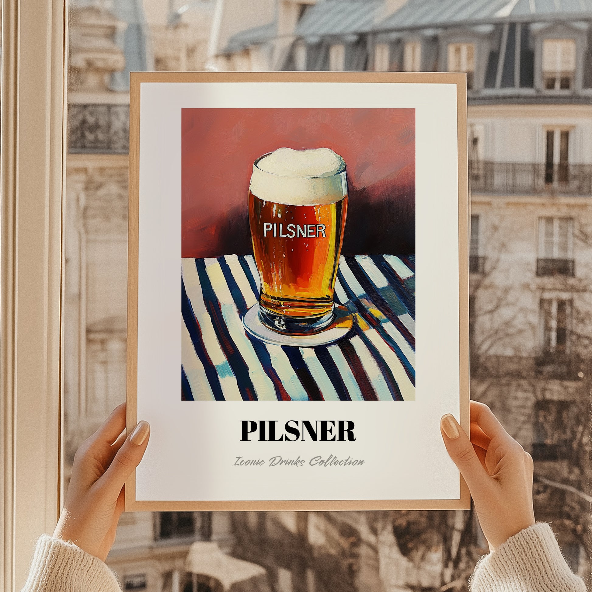 Pilsner – on Striped Tablecloth, Czech Beer Print, styled in a charming Paris street view