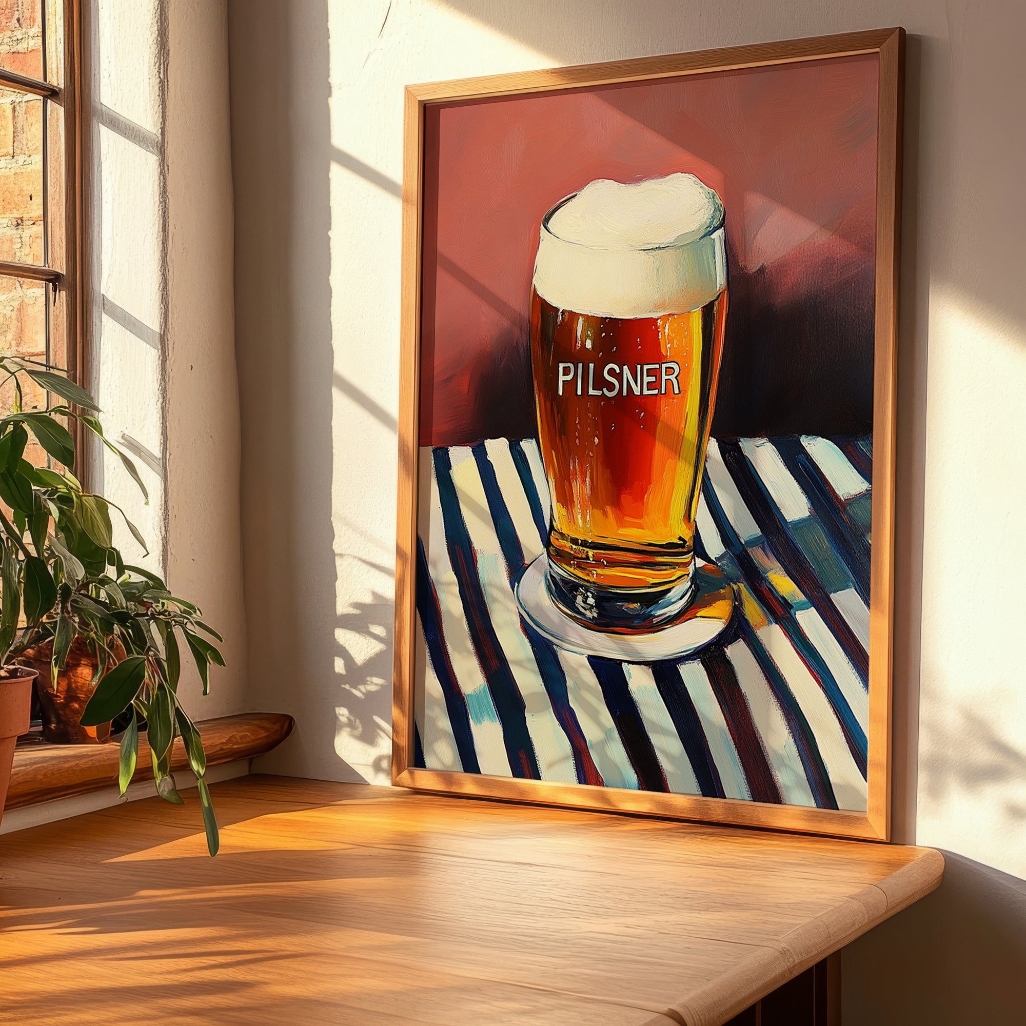Pilsner – on Striped Tablecloth, Czech Beer Print, clean layout with no caption