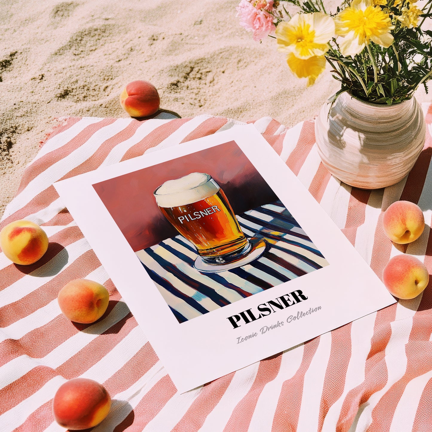 Pilsner – on Striped Tablecloth, Czech Beer Print, unframed on coastal sand