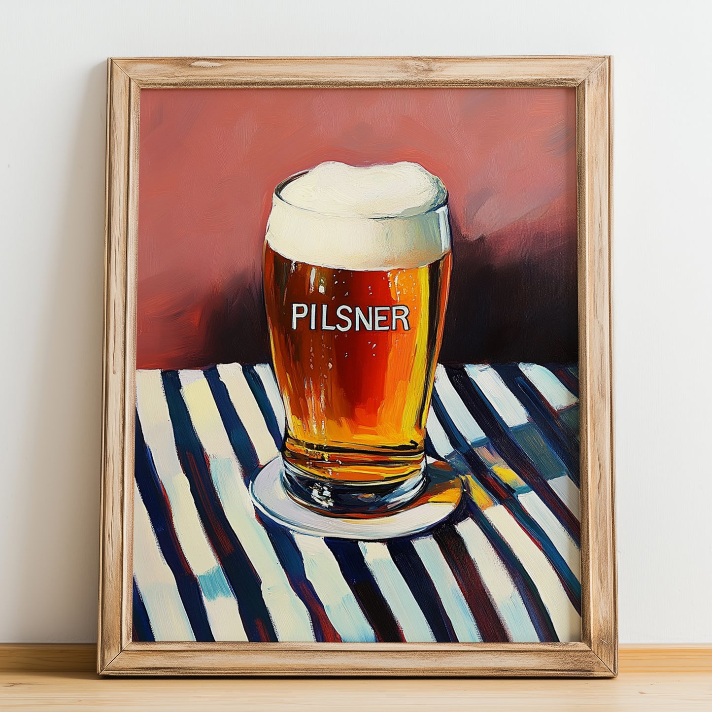 Pilsner – on Striped Tablecloth, Czech Beer Print, no-text version framed in wood
