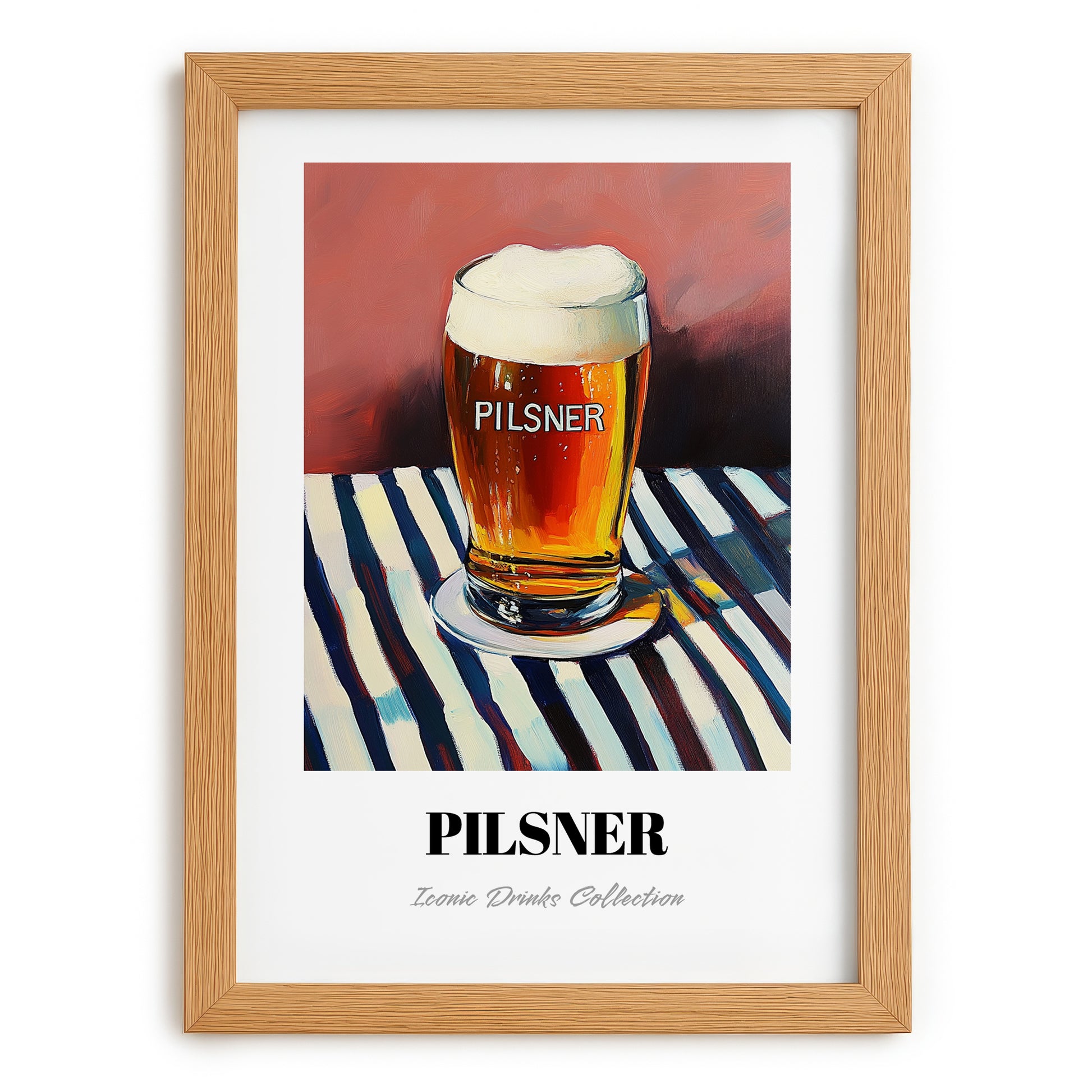 Pilsner – on Striped Tablecloth, Czech Beer Print, set in oak frame