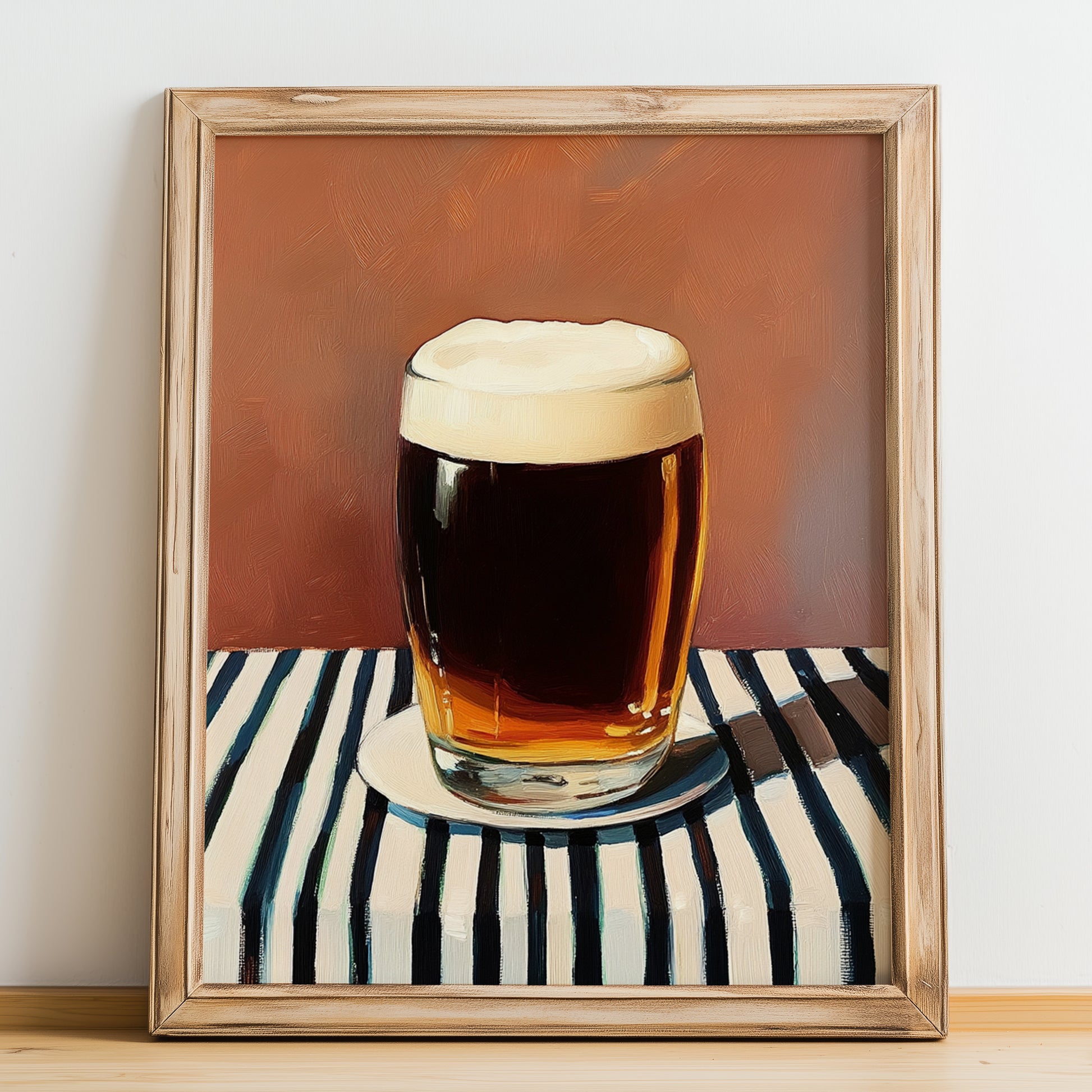 Černé Pivo – on Striped Tablecloth, Czech Beer Wall Art, no-text version framed in wood