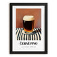 Černé Pivo – on Striped Tablecloth, Czech Beer Wall Art, in sleek black frame