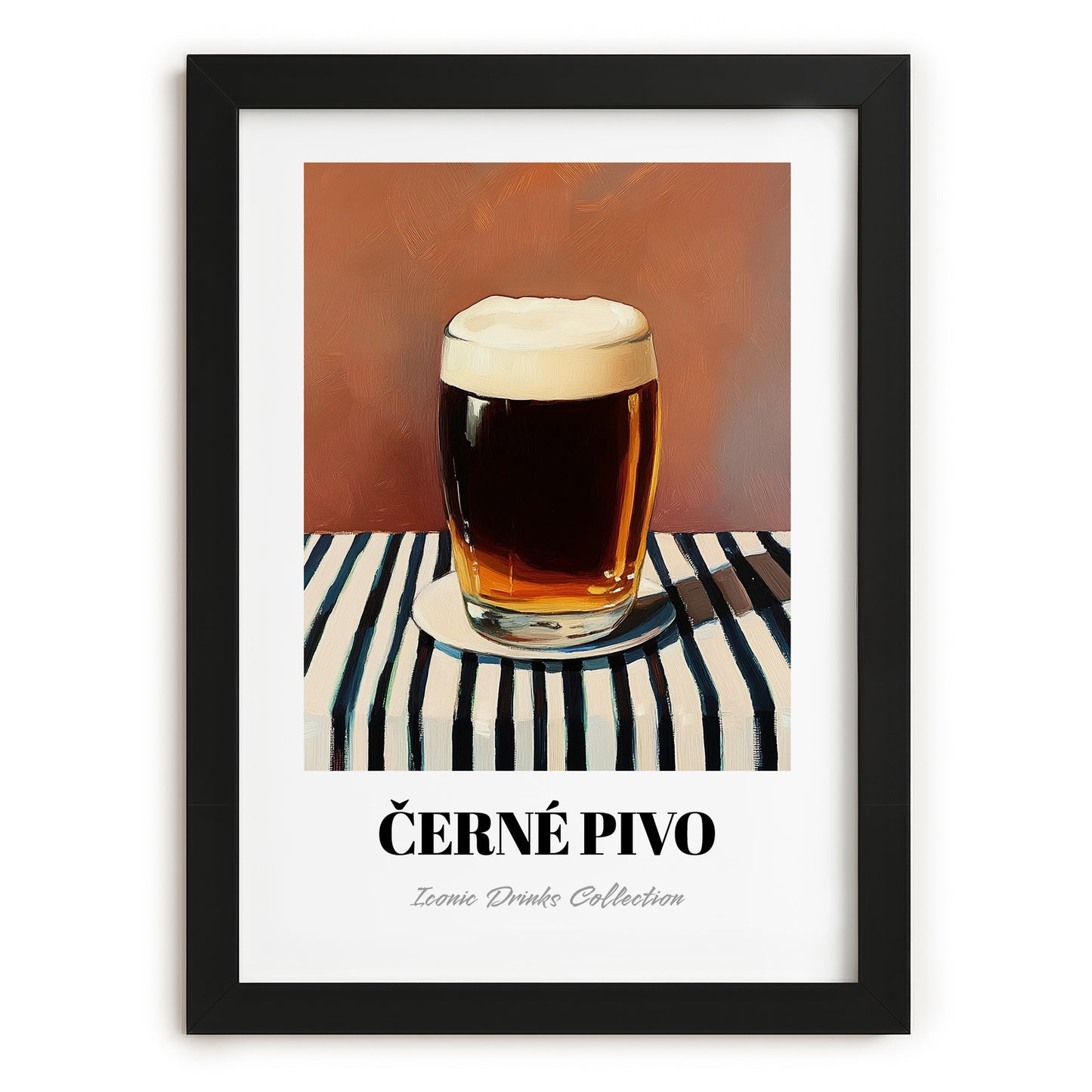 Černé Pivo – on Striped Tablecloth, Czech Beer Wall Art, in sleek black frame