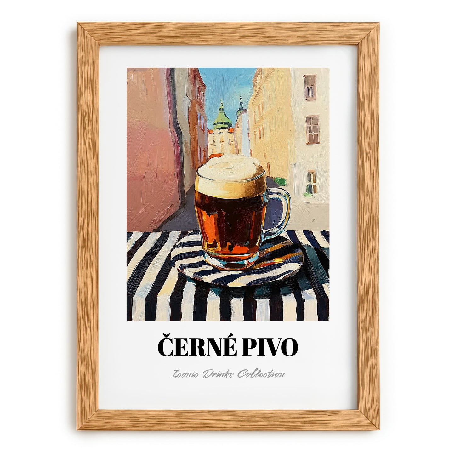 Černé Pivo – Czech Outdoor Café Scene, Czech Spirit Wall Print, set in oak frame