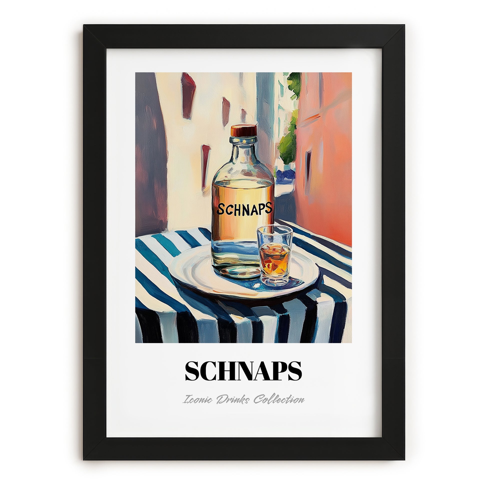 Schnaps – Austrian Outdoor Café Scene, Austrian Spirit Painting, in sleek black frame
