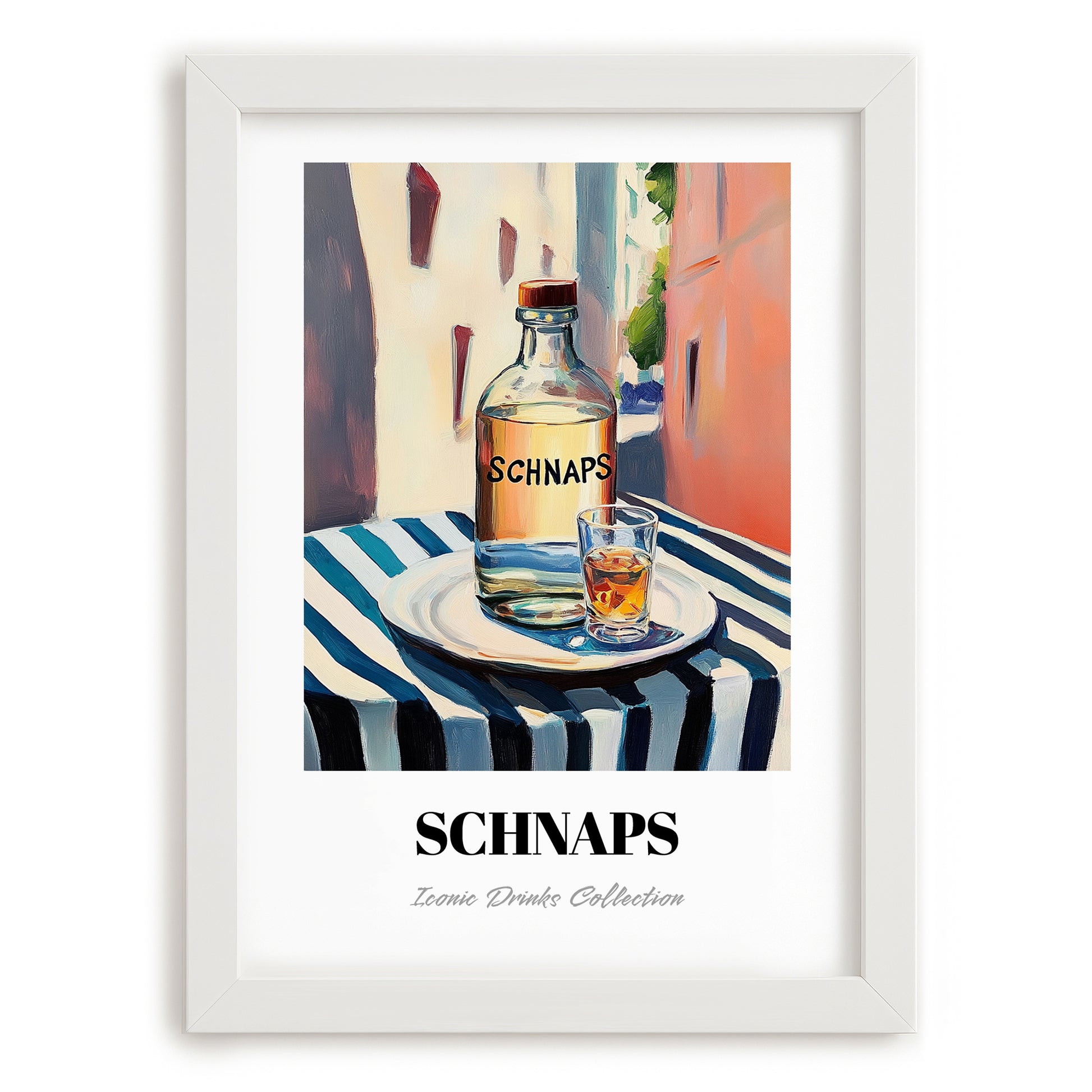 Schnaps – Austrian Outdoor Café Scene, Austrian Spirit Painting, placed in minimal white frame