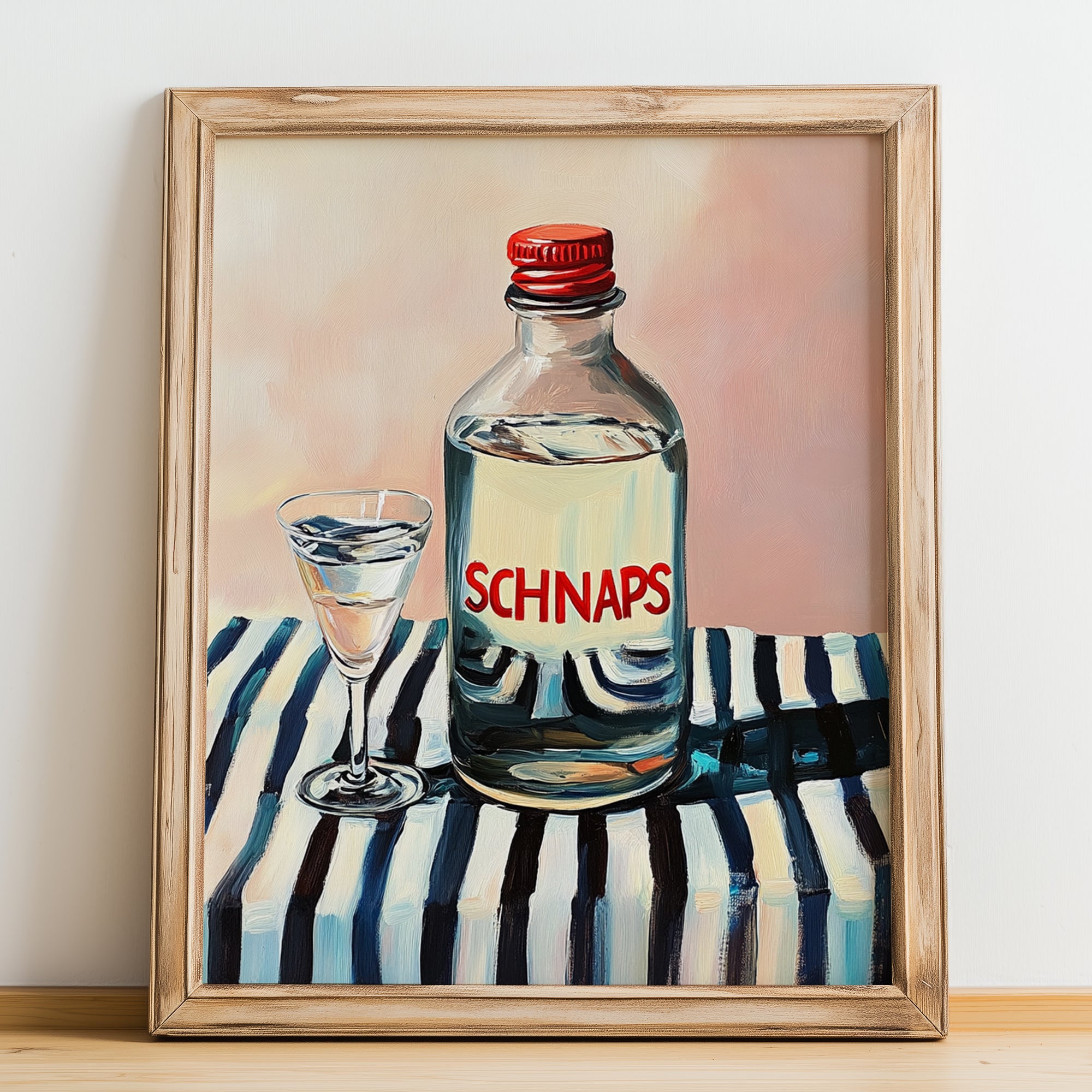 Schnaps – on Striped Tablecloth, Austrian Beer Still Life, no-text version framed in wood