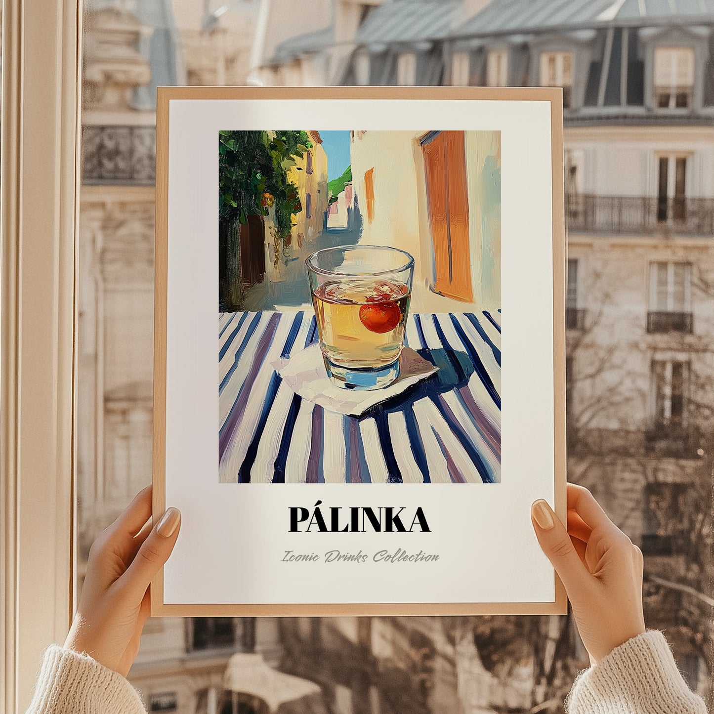 Pálinka – Hungarian Outdoor Café Scene, Hungarian Spirit Illustration, styled in a charming Paris street view