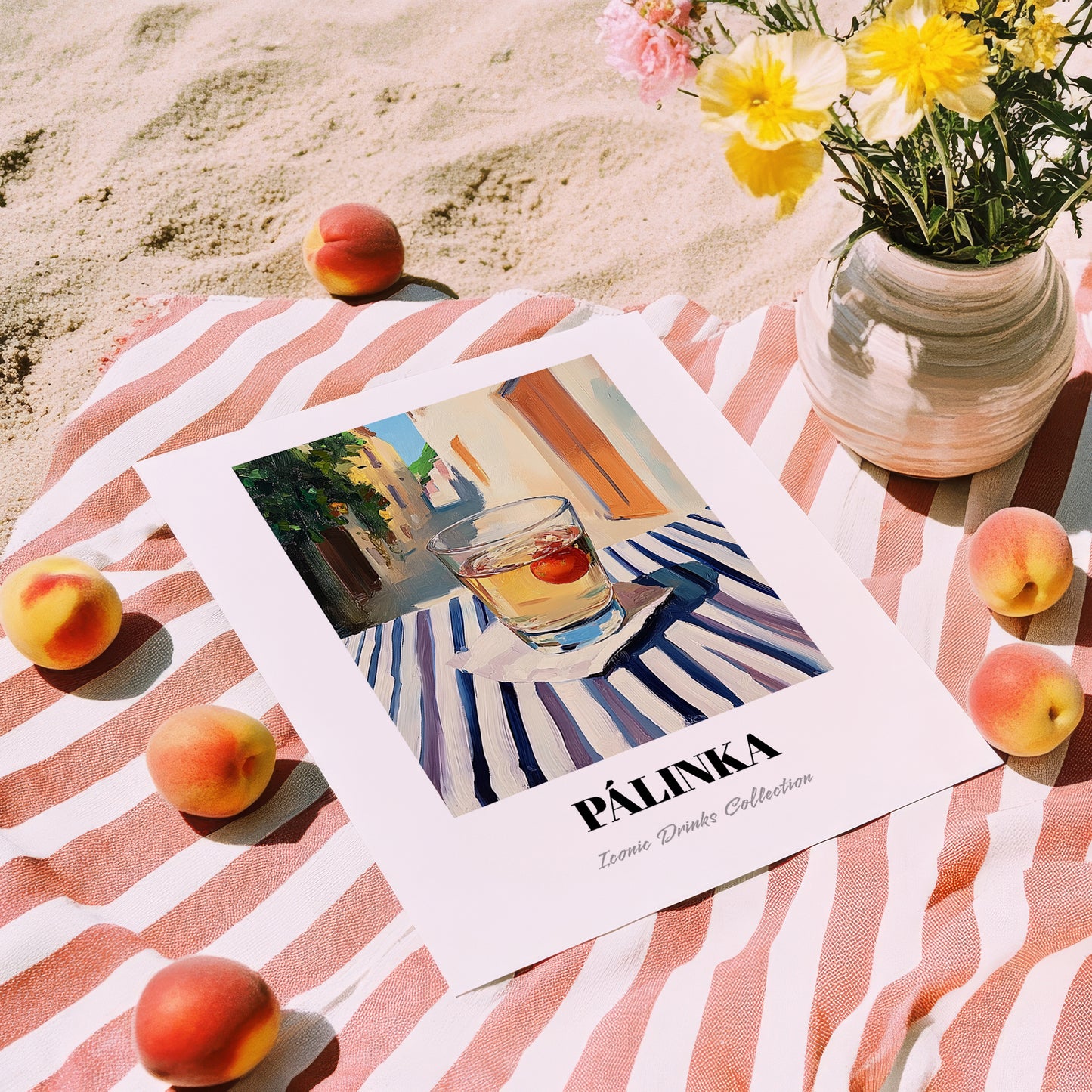 Pálinka – Hungarian Outdoor Café Scene, Hungarian Spirit Illustration, unframed on coastal sand