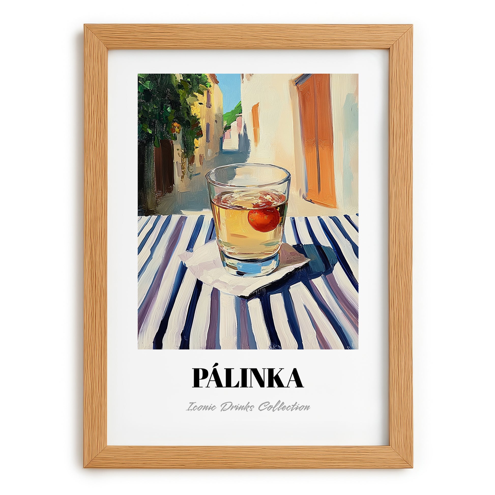Pálinka – Hungarian Outdoor Café Scene, Hungarian Spirit Illustration, set in oak frame