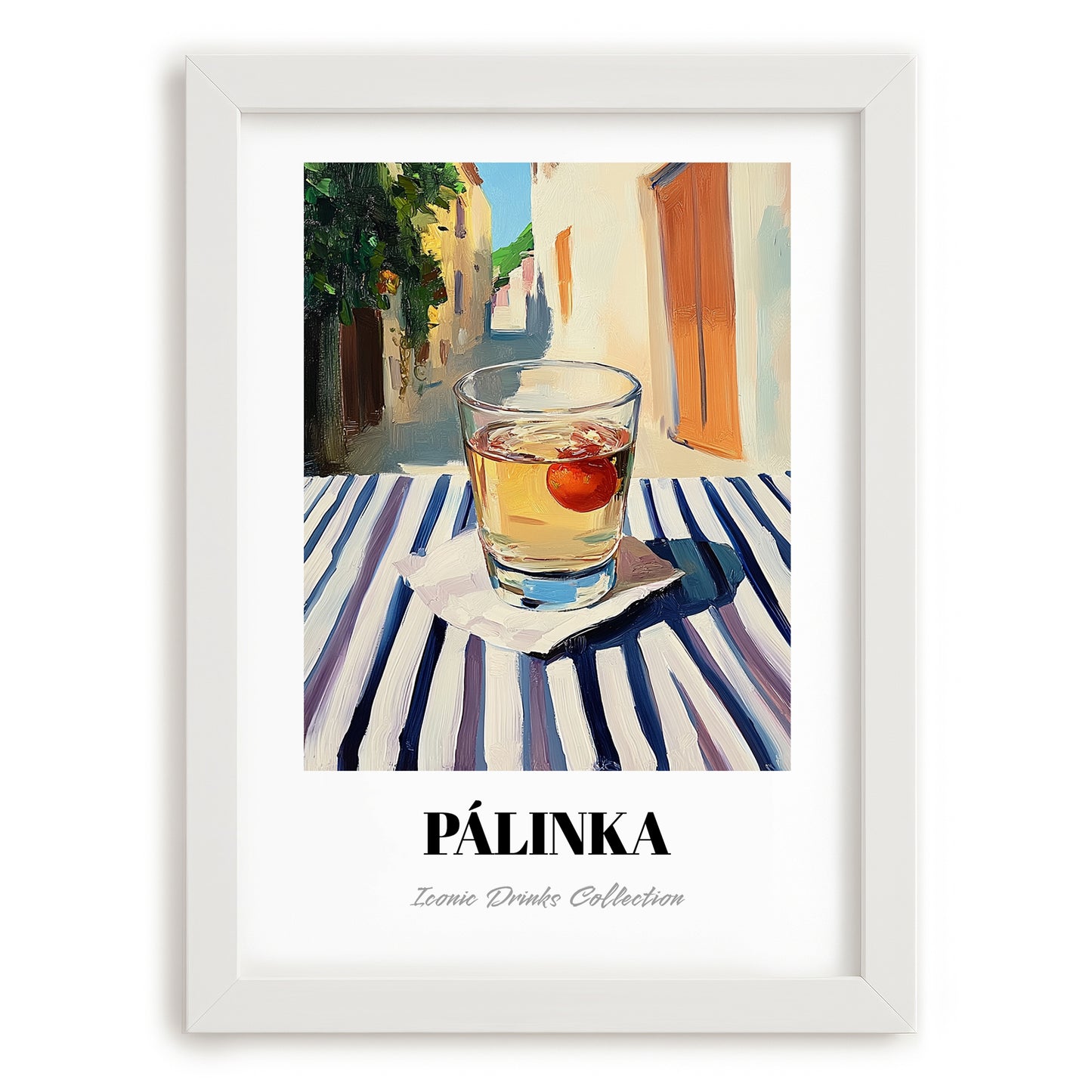 Pálinka – Hungarian Outdoor Café Scene, Hungarian Spirit Illustration, placed in minimal white frame