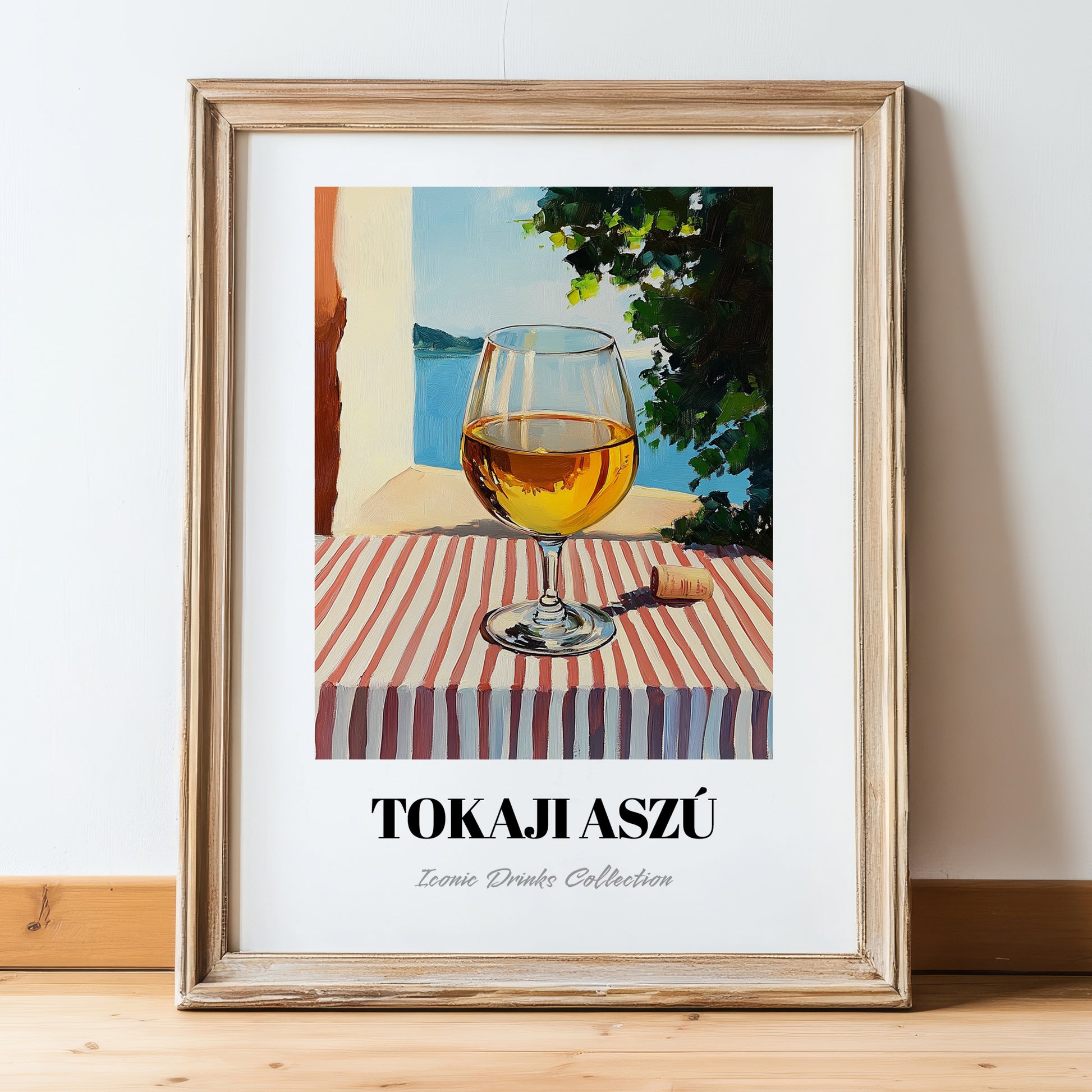 Tokaji Aszú – Hungarian Street Café Scene, Hungarian Wine Wall Decor, in wooden frame leaning on the floor