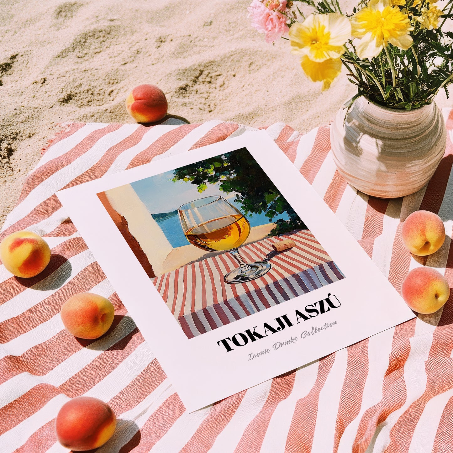 Tokaji Aszú – Hungarian Street Café Scene, Hungarian Wine Wall Decor, unframed on coastal sand