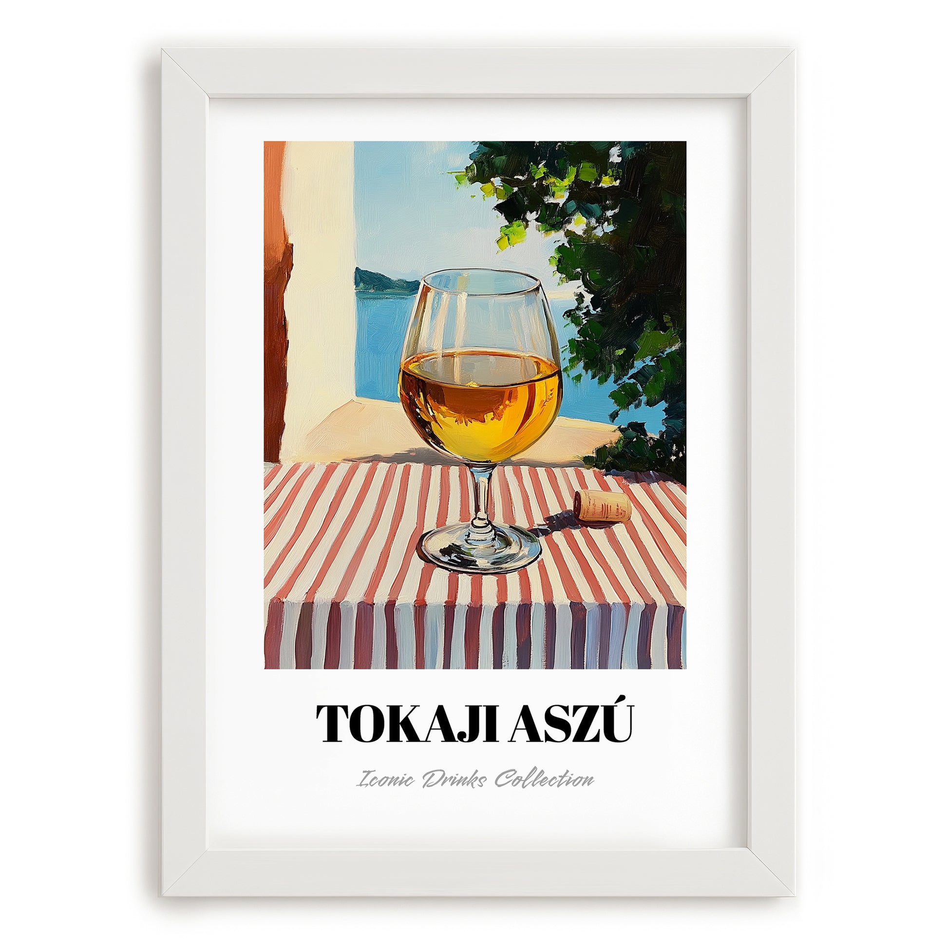 Tokaji Aszú – Hungarian Street Café Scene, Hungarian Wine Wall Decor, placed in minimal white frame